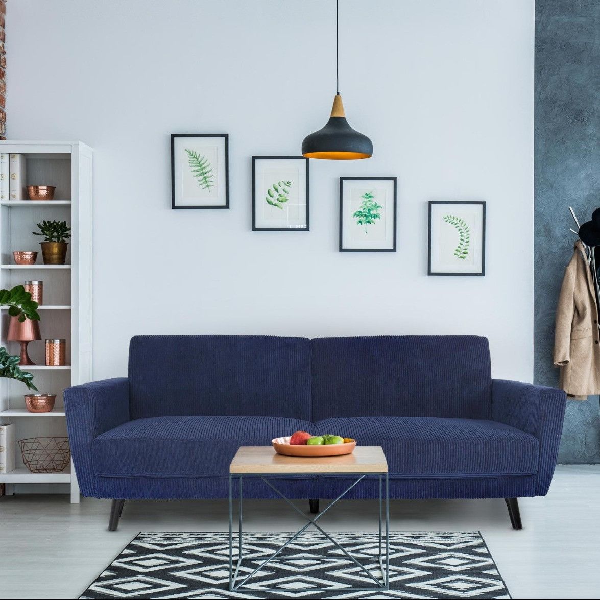 Canapé droit 3 places Bleu Velours Pas cher Confort