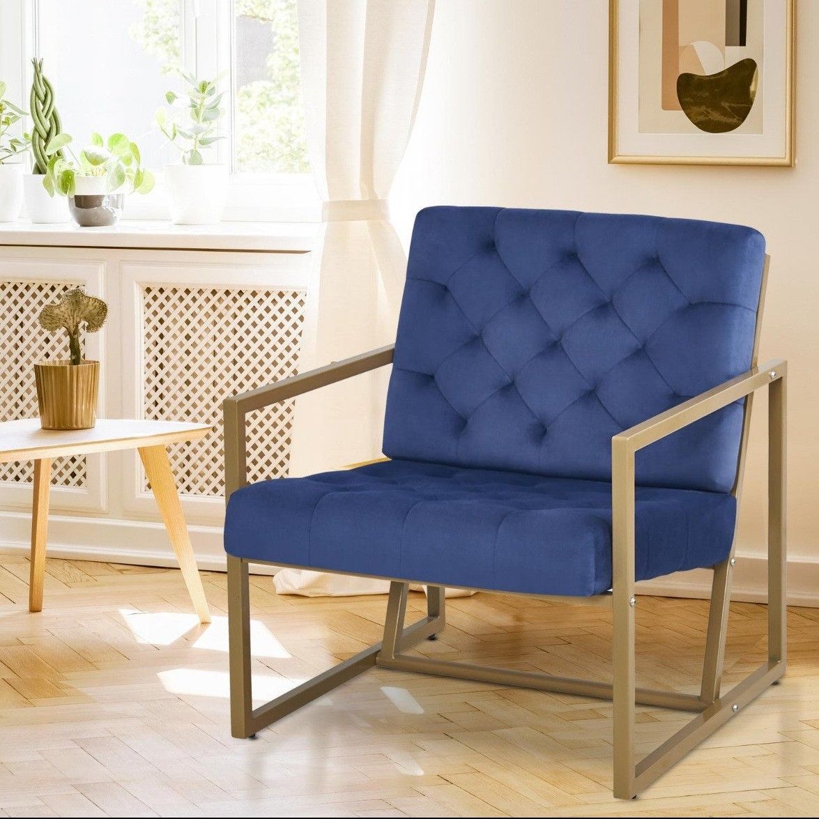 Fauteuil waco velours bleu pieds or