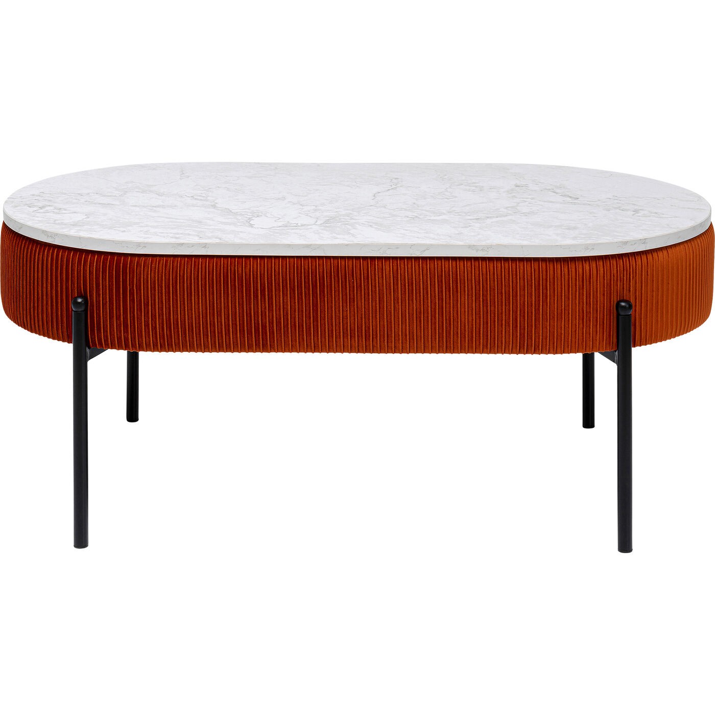 table basse coffre en velours orange et effet marbre blanc