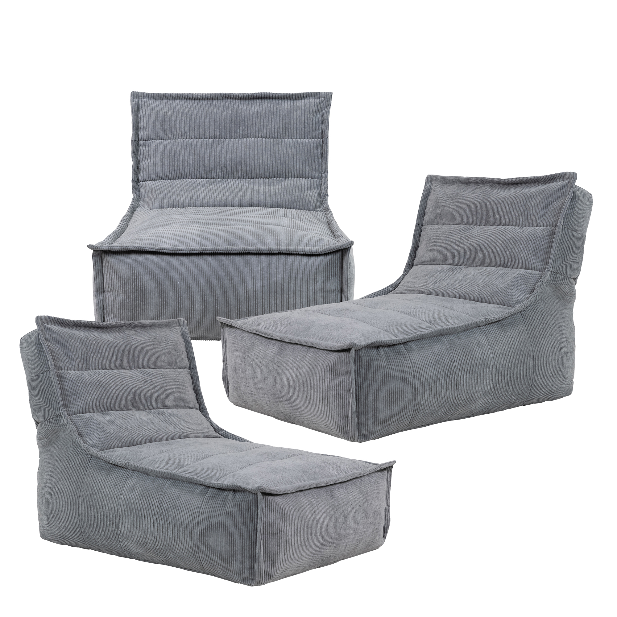 pouf modulable sofa velours côtelé, 3 pièces, gris