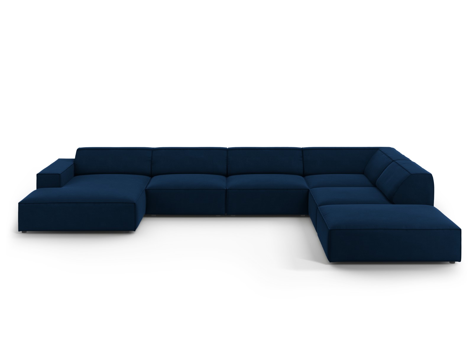 Canapé d'angle droit panoramique 7 places en tissu velours bleu roi