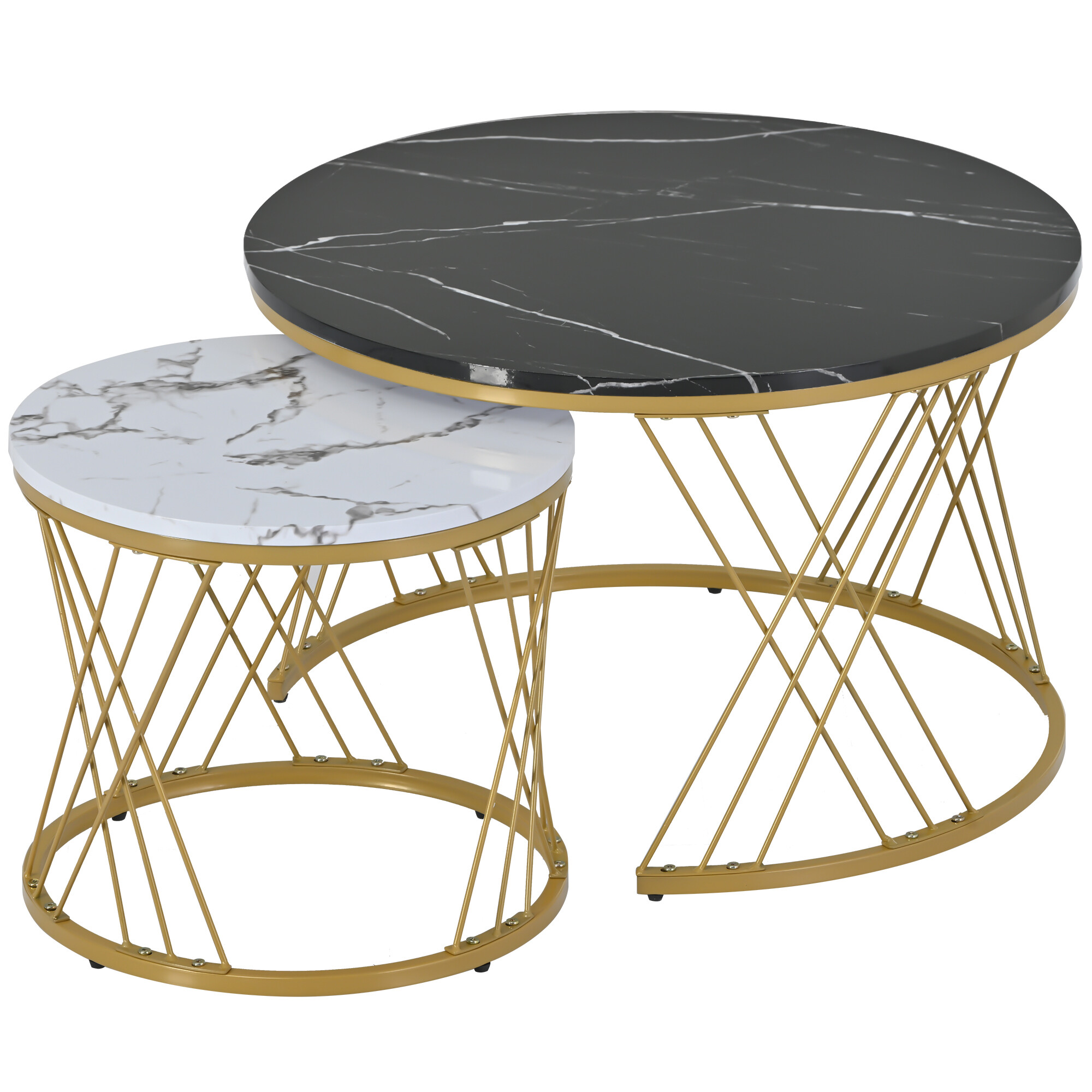 Ensemble de 2 Table basse gigogne en effet marbre rondes cadre dorée