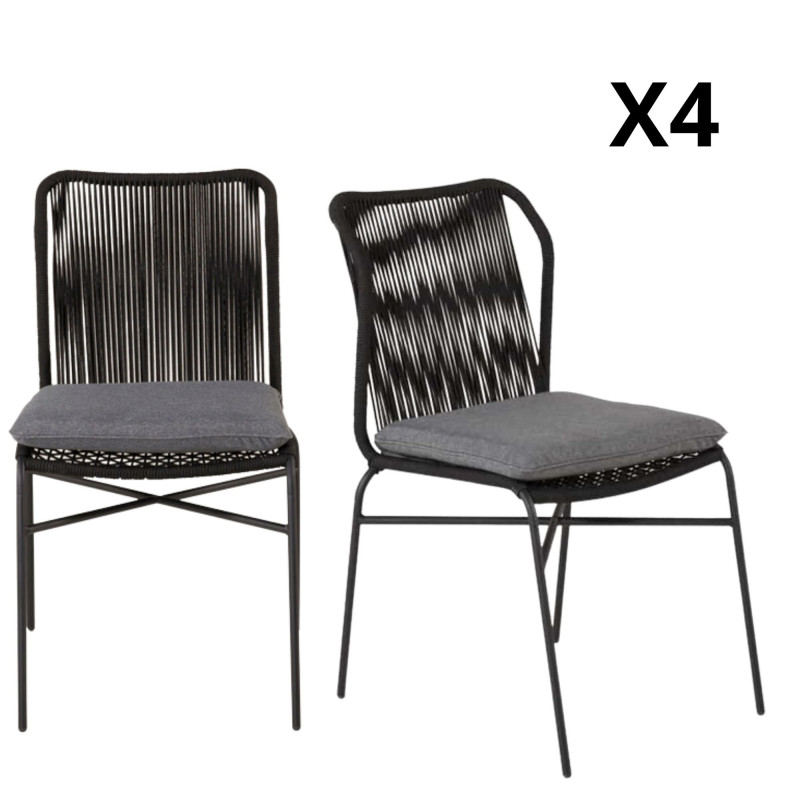 Lot de 4 chaises de jardin en corde noire