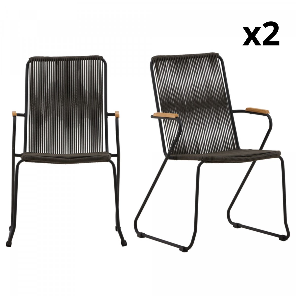 lot de 2 chaises de jardin design avec assise en cordes gris foncé
