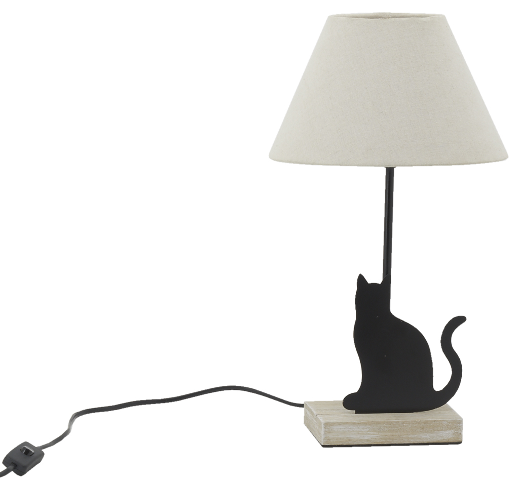 lampe chat en métal noir et bois