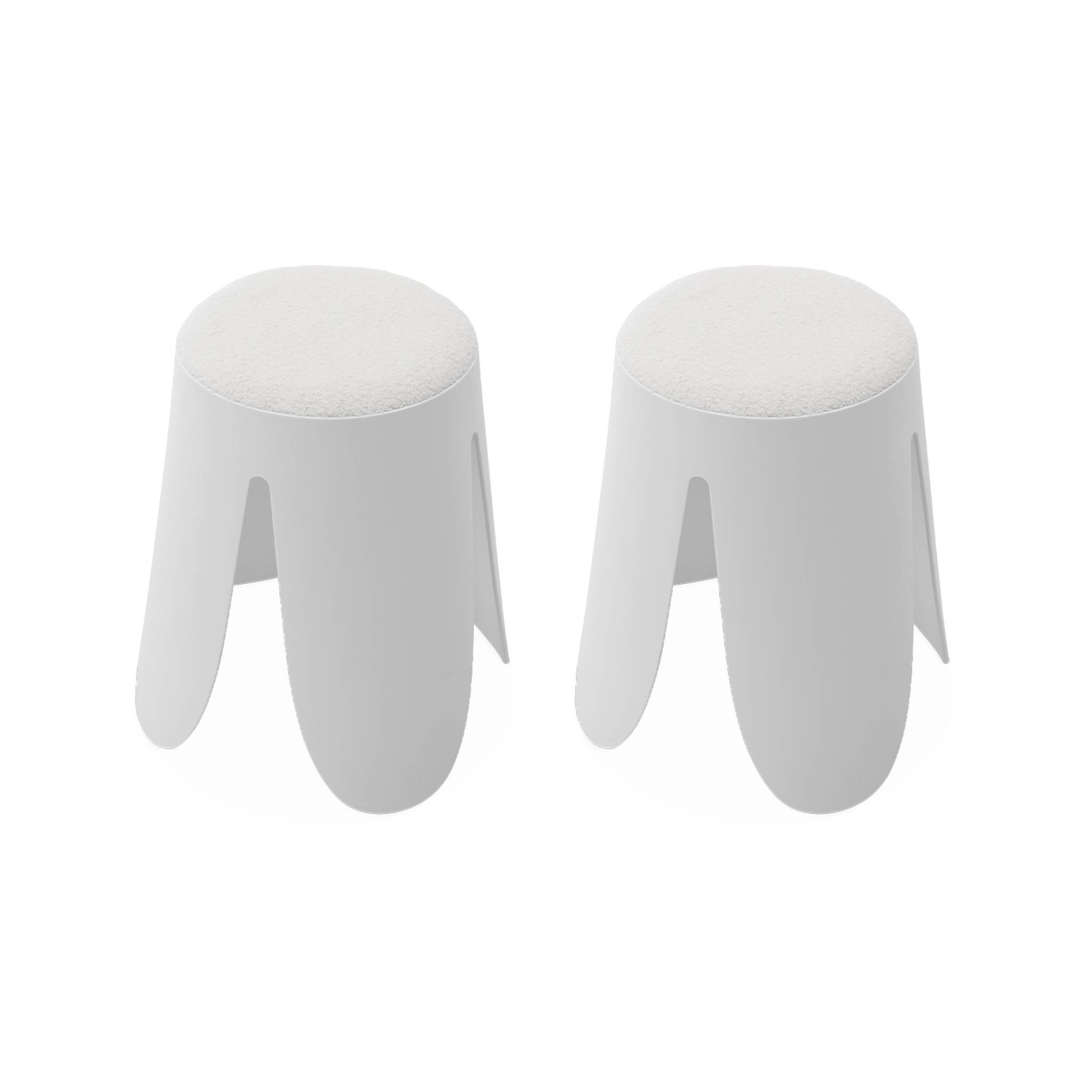 Set de 2 tabourets empilables blancs, bouclette texturée