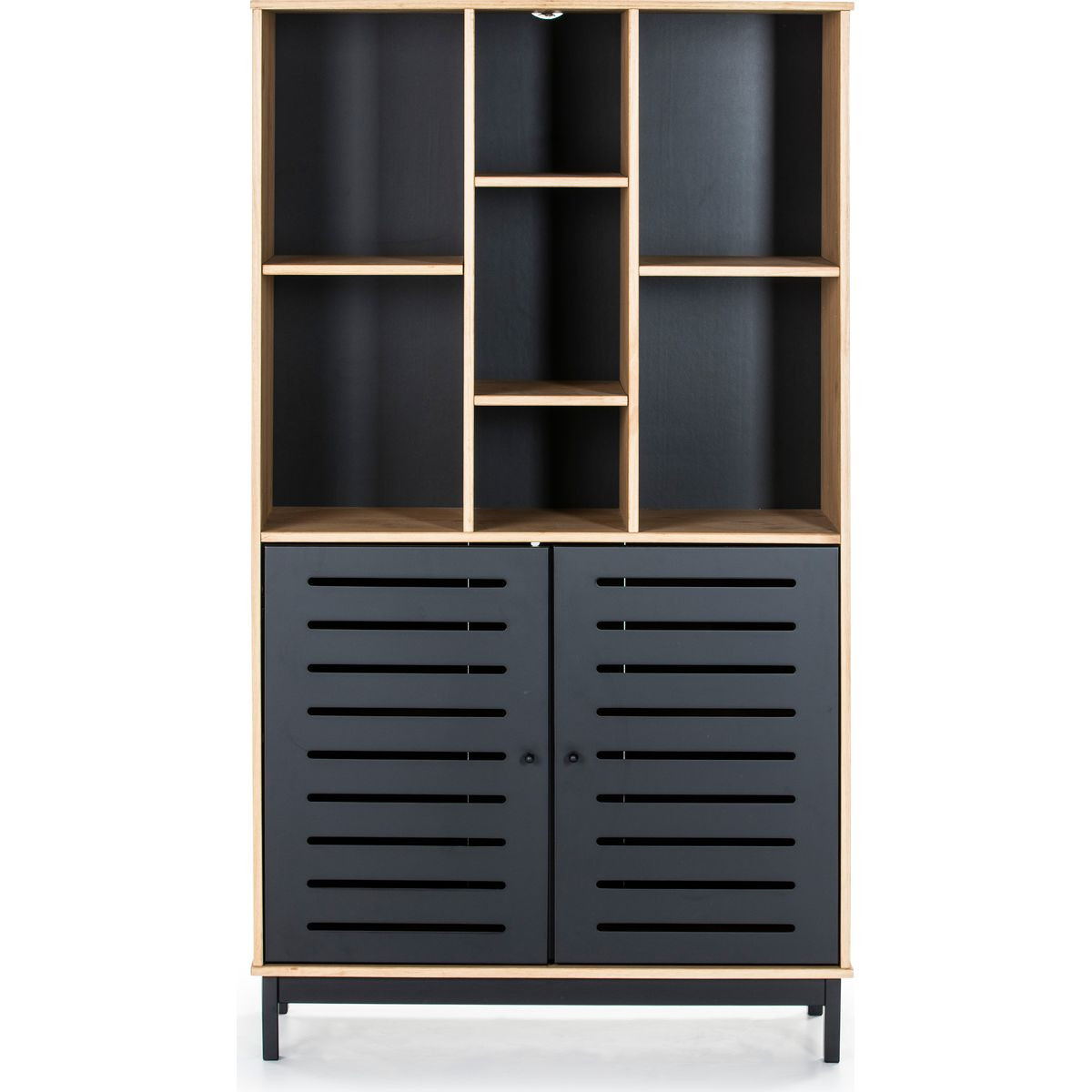 Bibliothèque 2 portes 7 niches noir / effet bois 90 cm