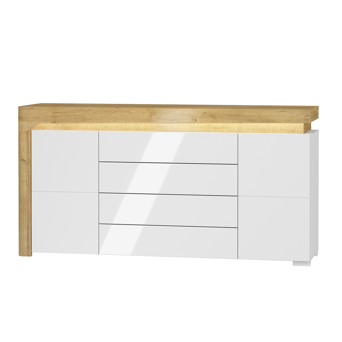 Buffet 2 portes 4 tiroirs LED inclus stratifiés blanc et bois