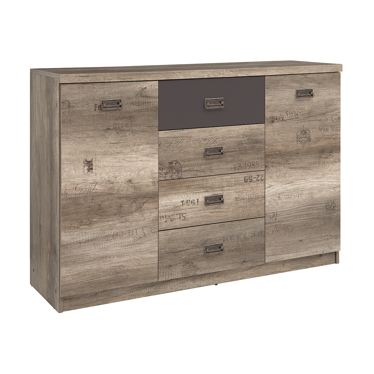 Buffet 2 portes 4 tiroirs stratifiés beige et gris