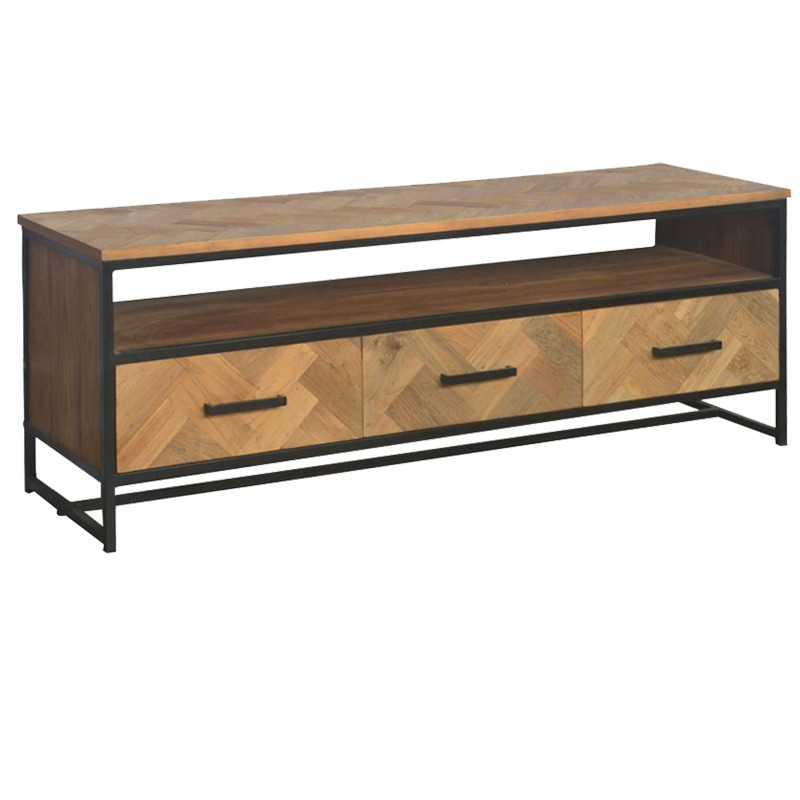 Meuble TV 3T L.150 cm, Teck massif et métal noir