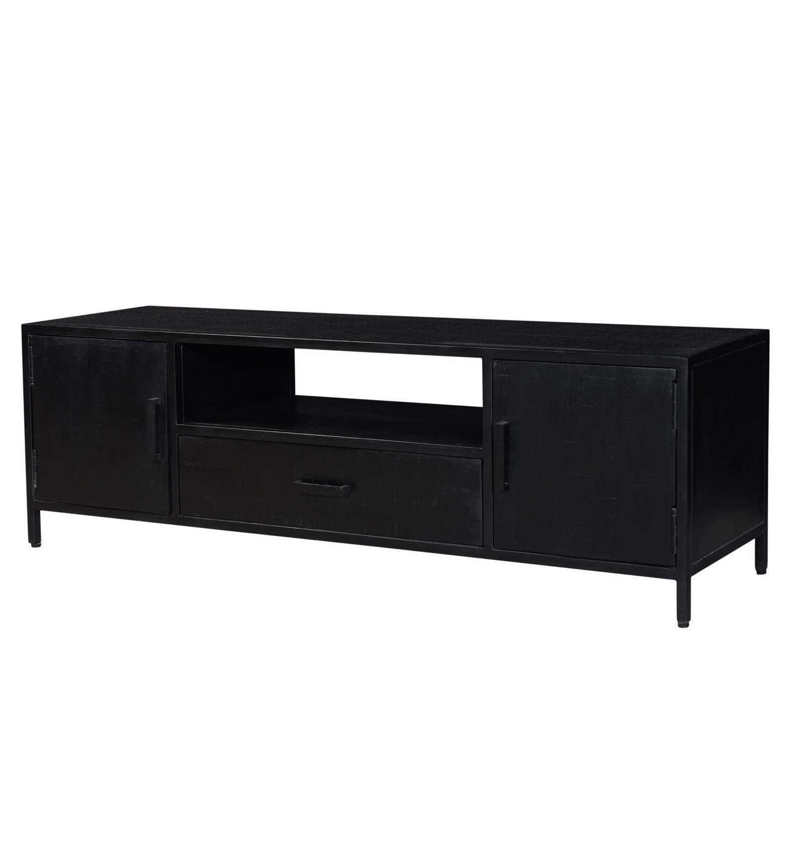 Meuble TV 2 portes 1 tiroir L180 en Manguier massif noir et métal