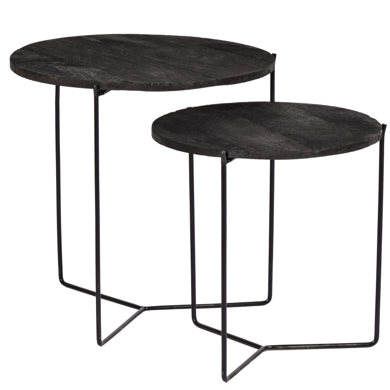 Set de 2 Tables basses rondes gigognes en Manguier noir et métal