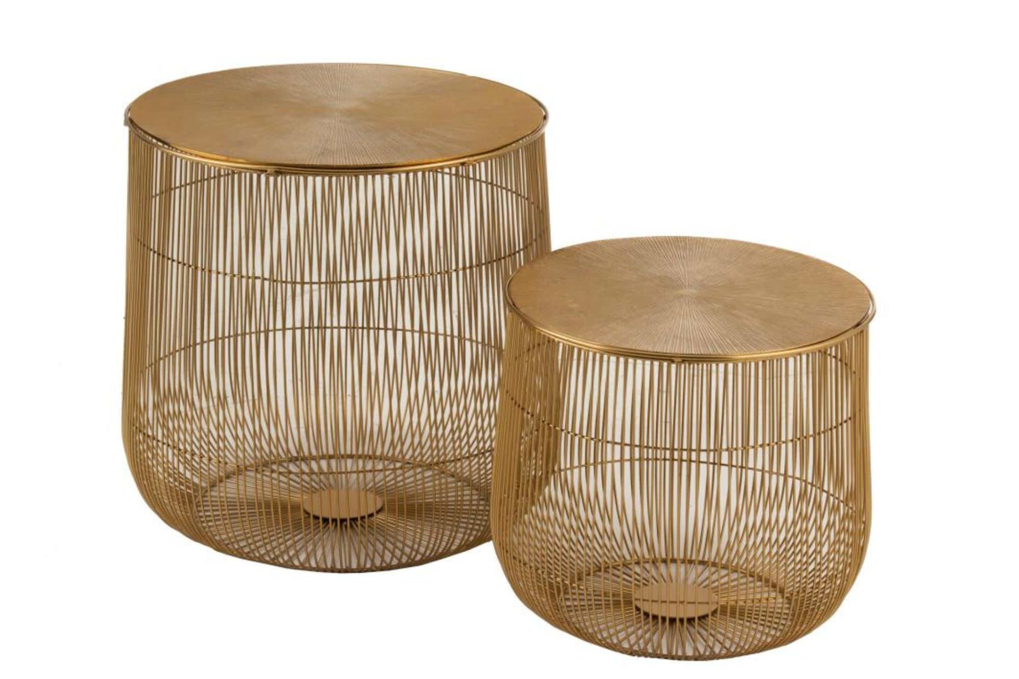 Set de 2 tables basses rondes gigognes panier en métal doré