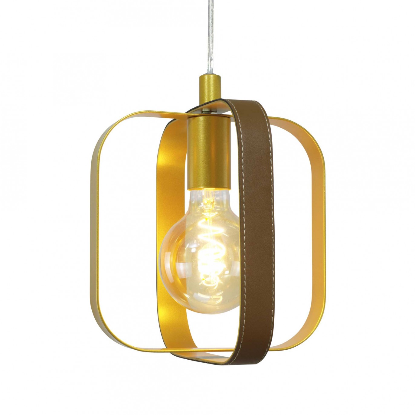 Suspension 1L en métal doré et simili cuir marron