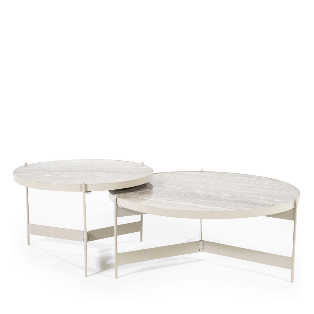 Lot de 2 tables basses rondes en marbre et métal – Blanc ivoire