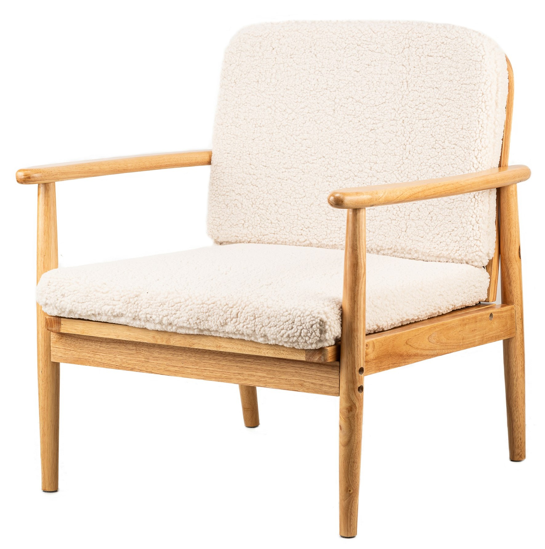 fauteuil de salon en bois massif et bouclettes blanches