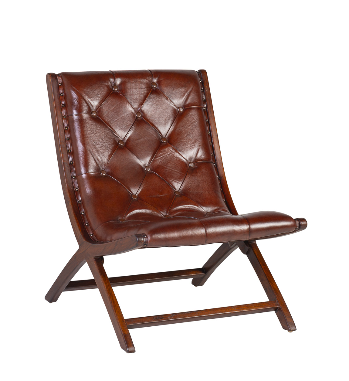 fauteuil bas en bois et cuir marron