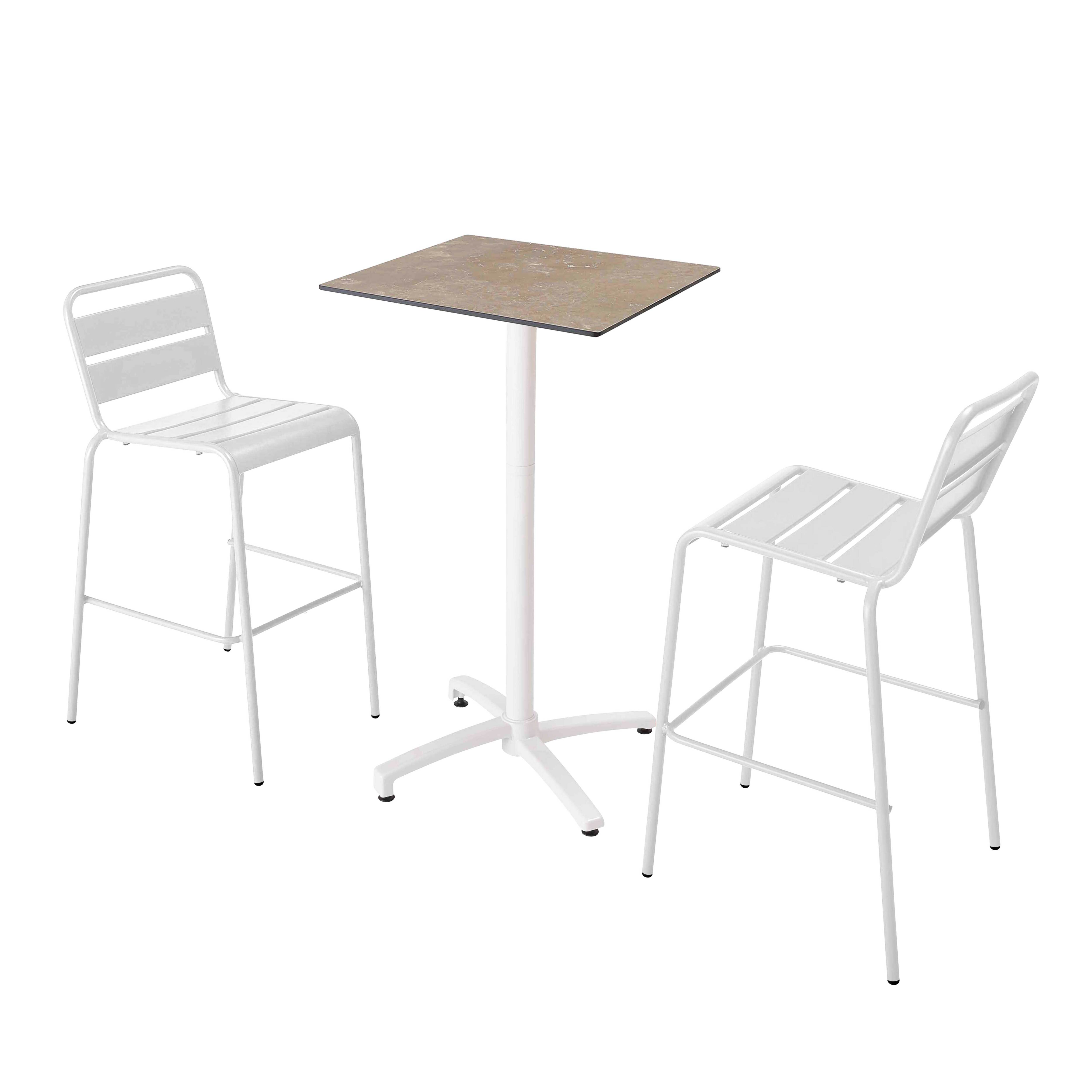 Ensemble table haute stratifié marbre beige et 2 chaises hautes blanc