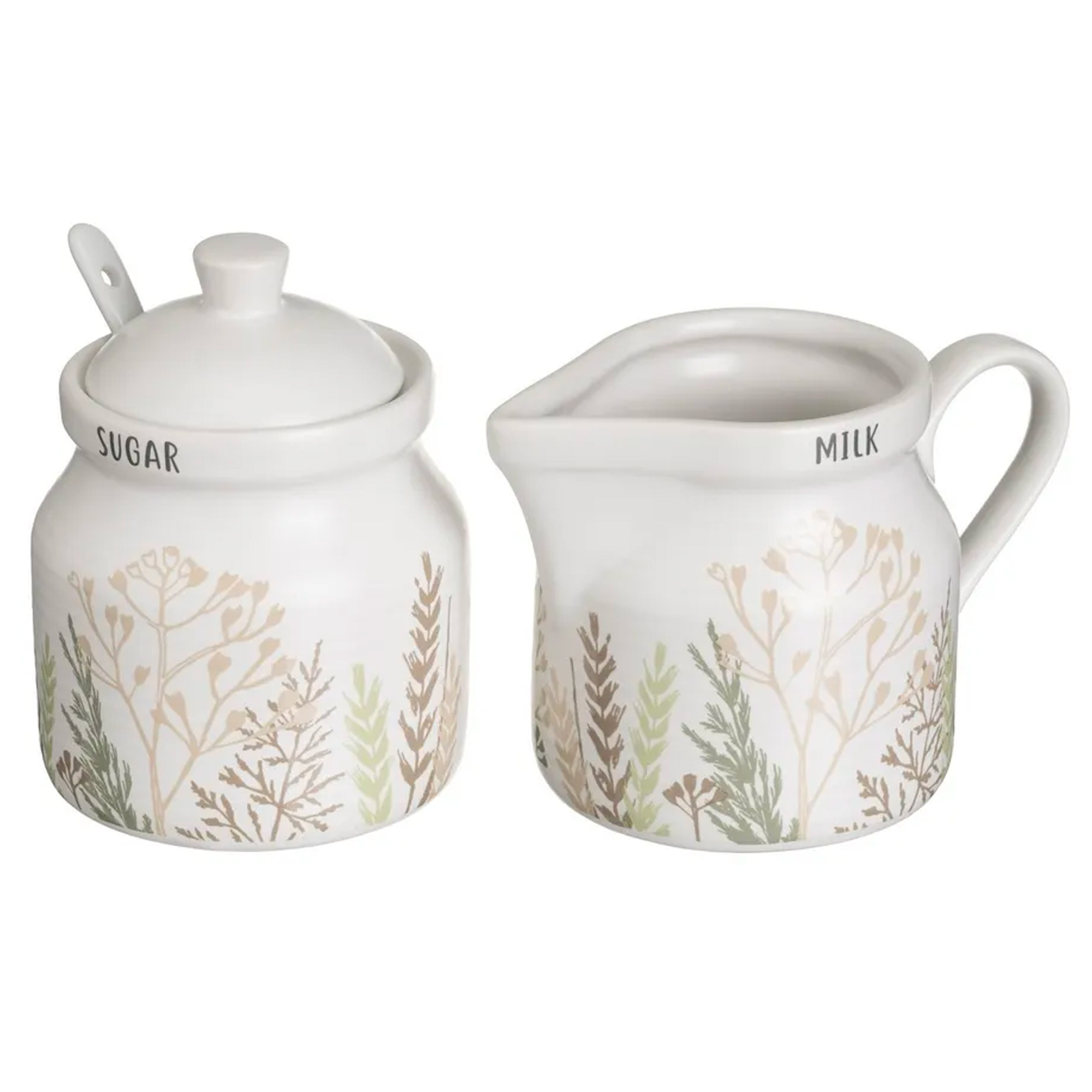 sucrier + pot à lait en céramique blanche motif herbes