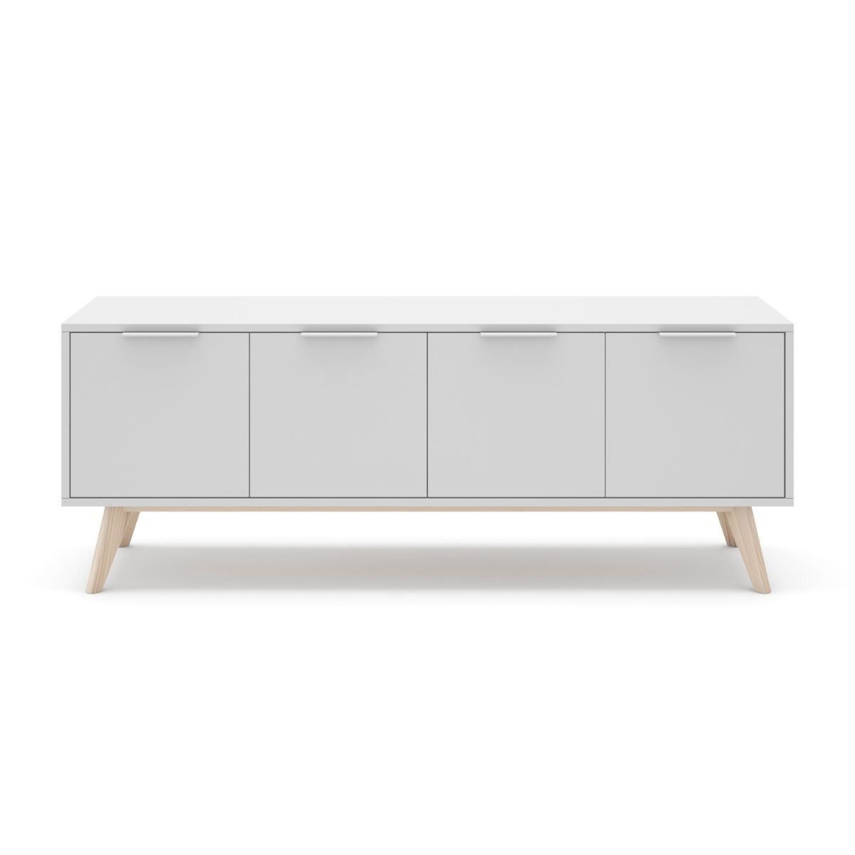 Meuble TV 4 portes blanc et pin massif – L140 cm