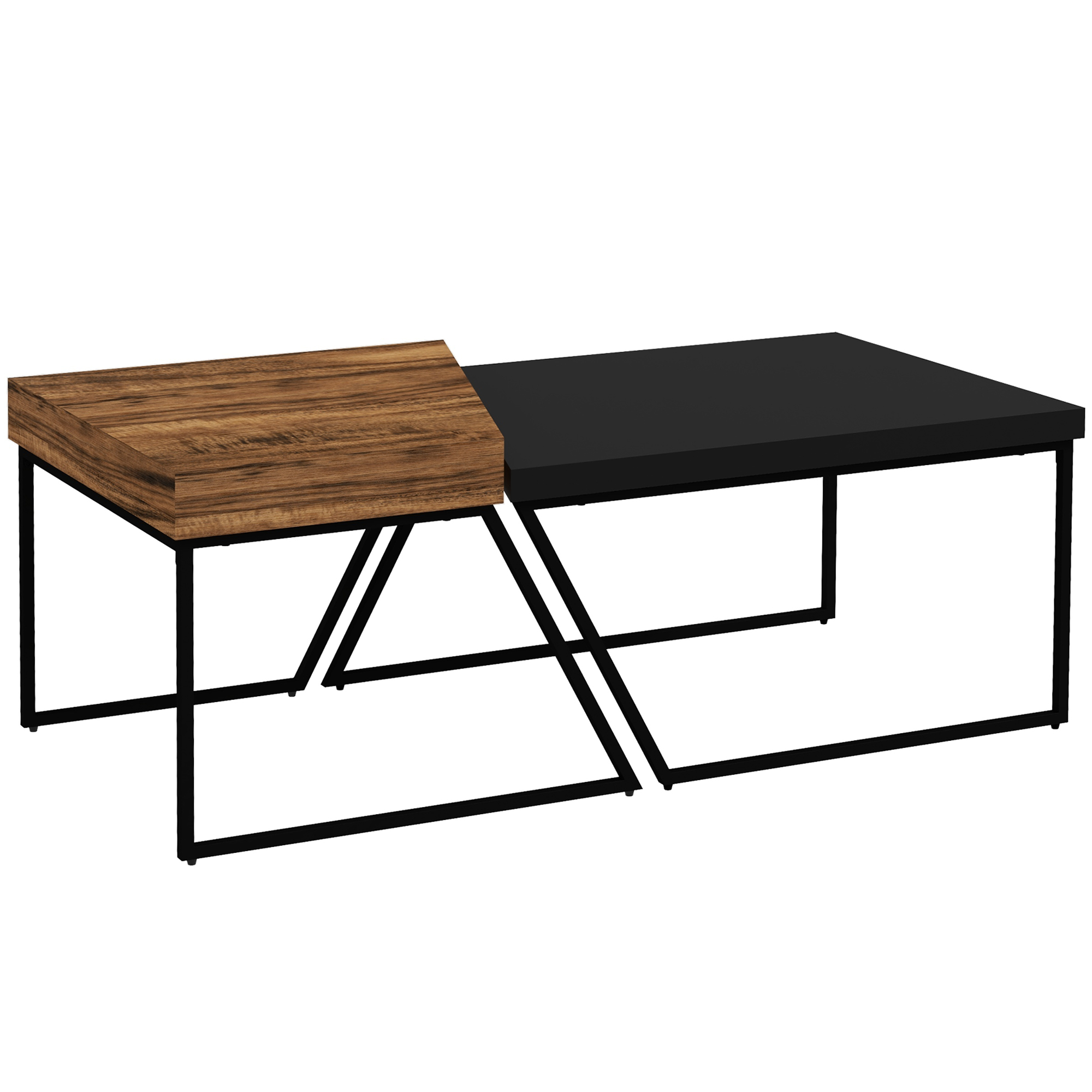 Lot 2 tables basses industrielles géométriques effet bois acier noir