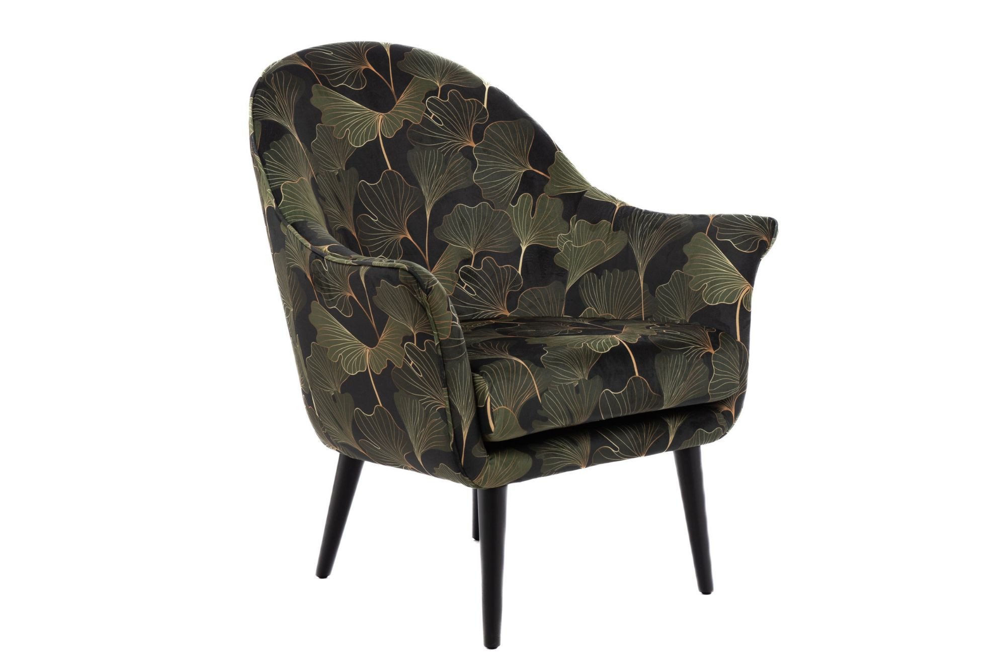 Fauteuil en velours peau de pêche aux motifs fleuris vert