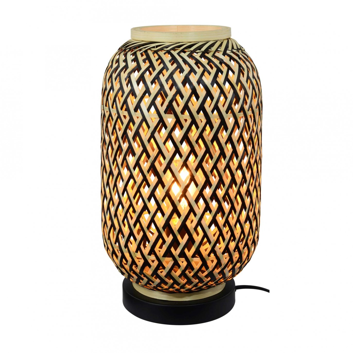 lampe base métal noir & abat-jour tressé en bambou noir et naturel