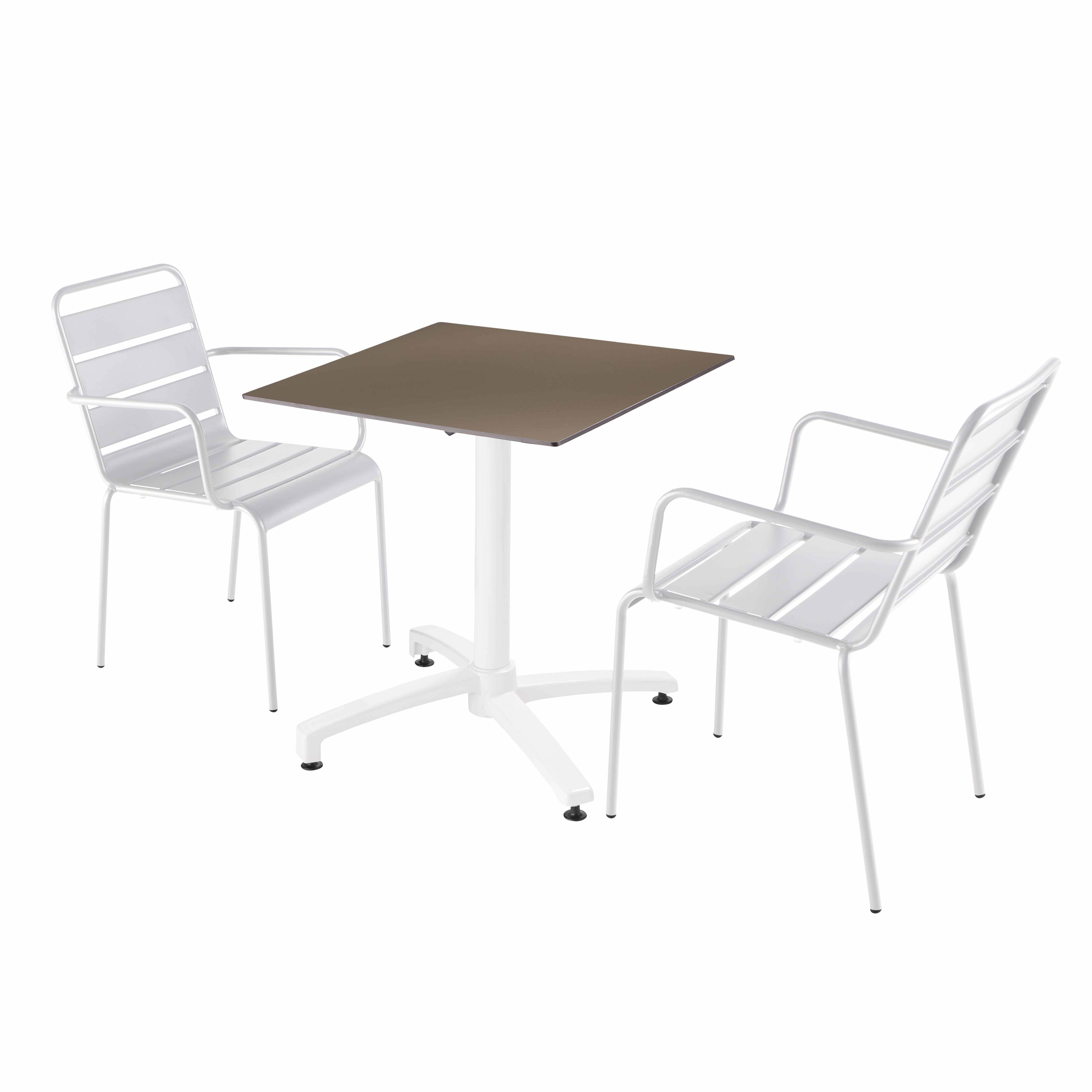 Ensemble table de terrasse stratifié taupe et 2 fauteuils blanc