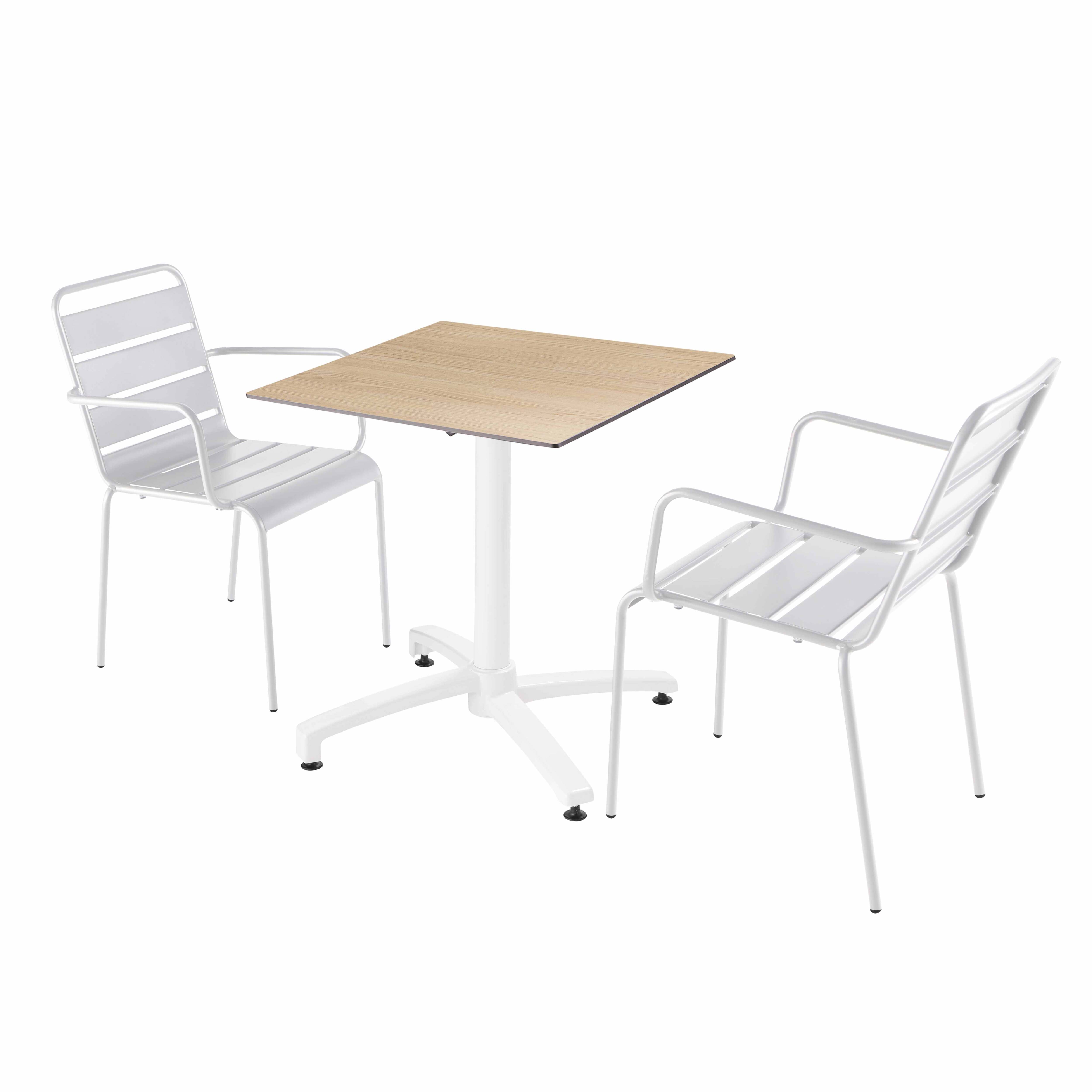 Ensemble table de terrasse stratifié chêne avec 2 fauteuils blanc