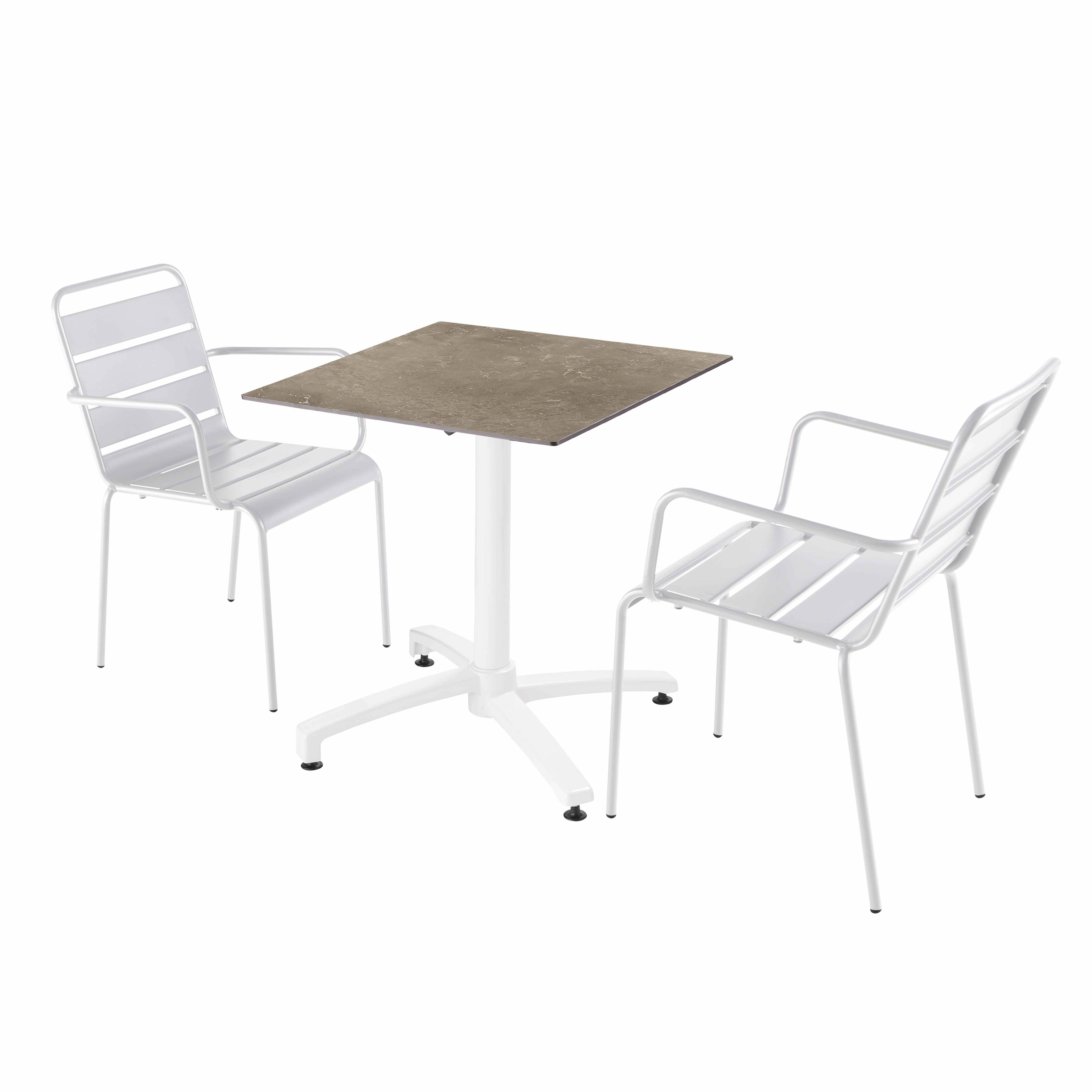 Ensemble table de terrasse marbre beige et 2 fauteuils blanc