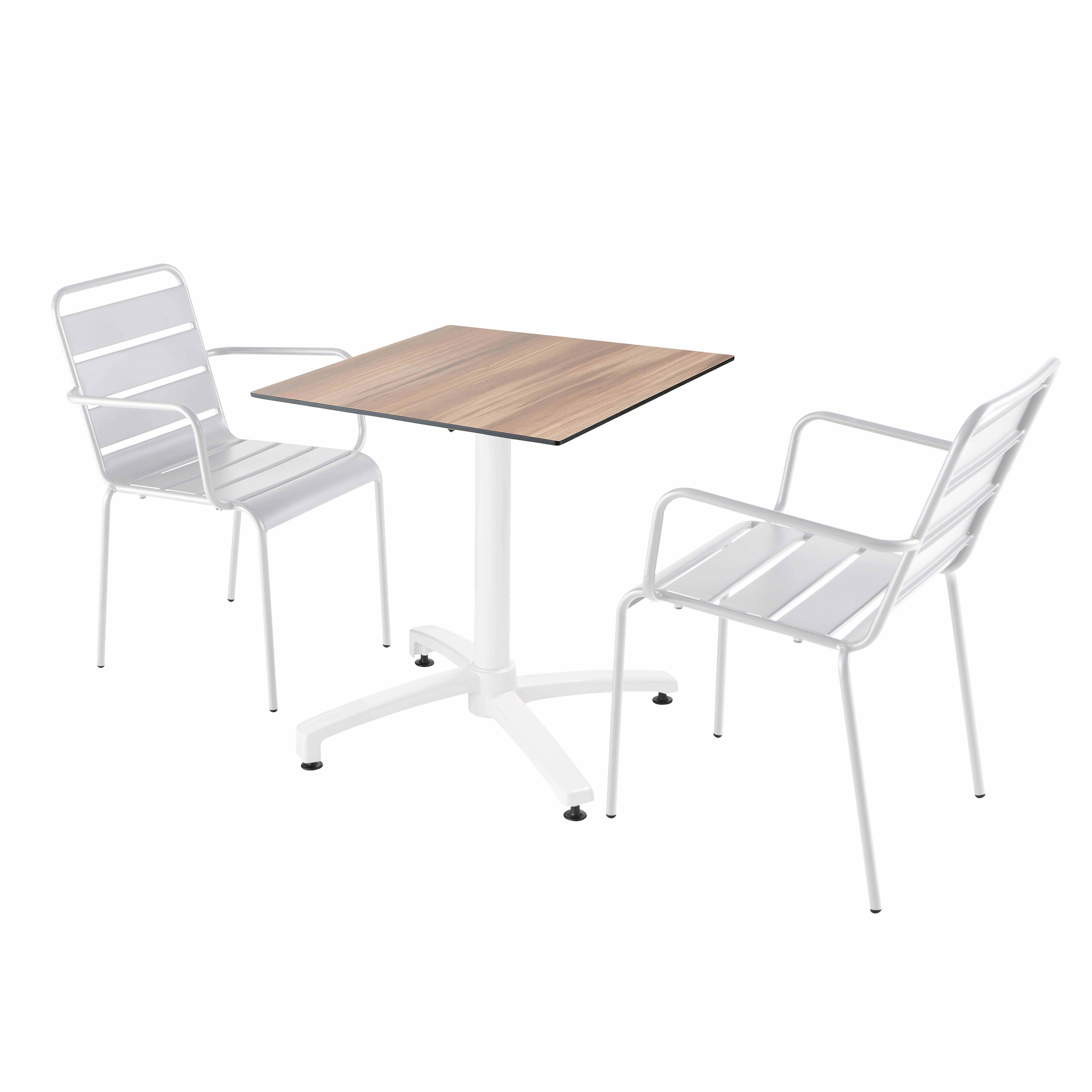 Ensemble table terrasse stratifié chêne foncé et 2 fauteuils blanc