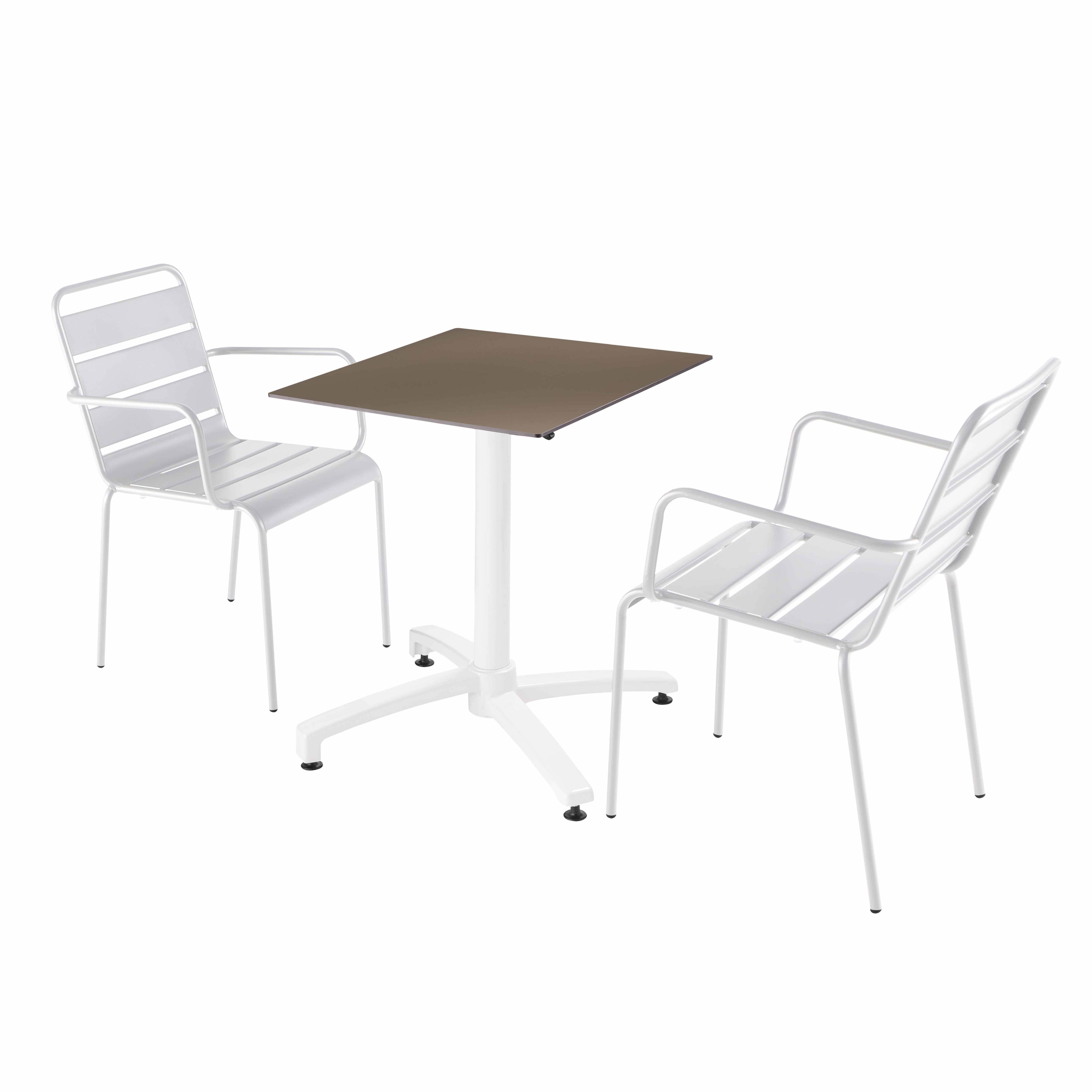 Ensemble table terrasse stratifié taupe et 2 fauteuils blanc