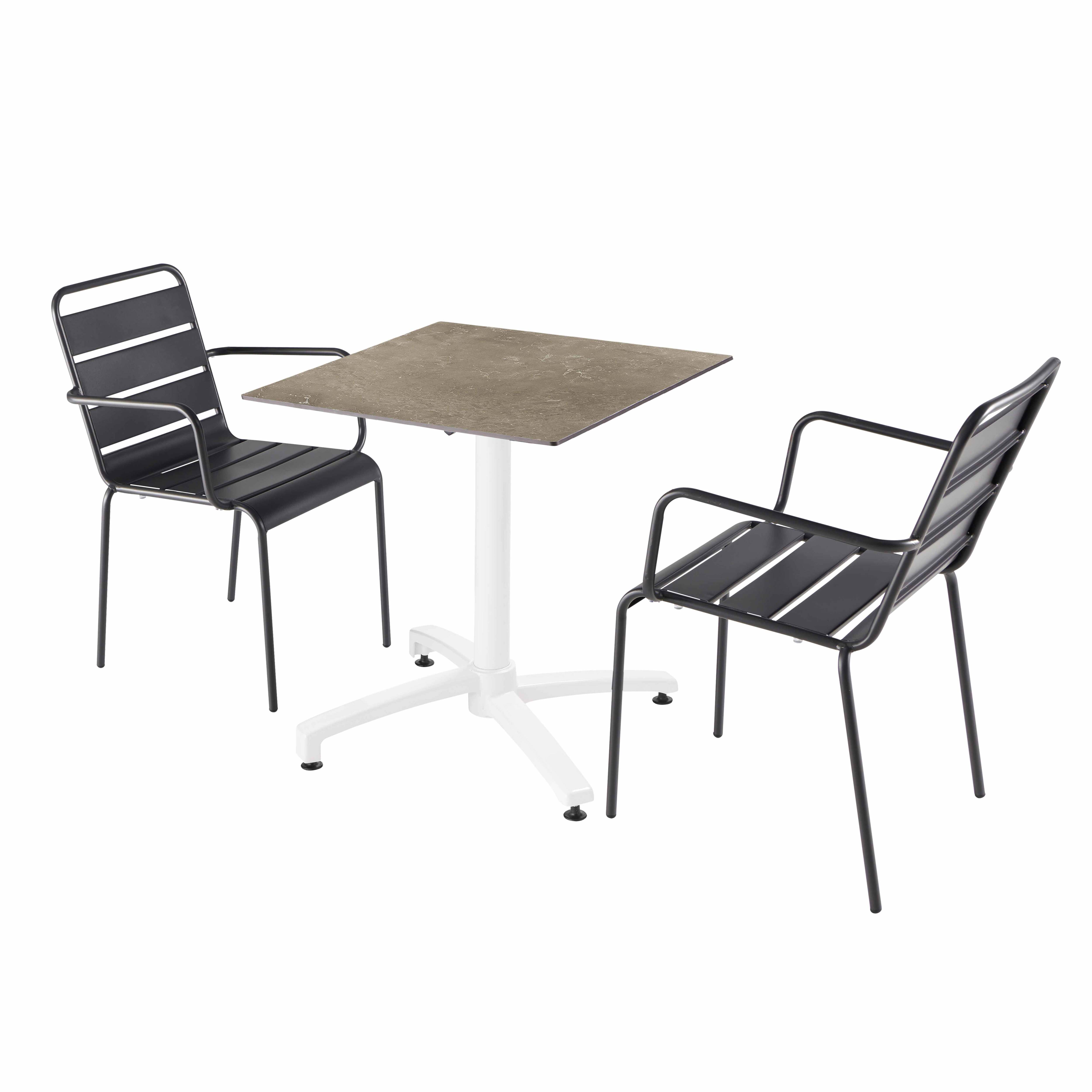 Ensemble table de terrasse stratifié marbre Beige et 2 fauteuils gris