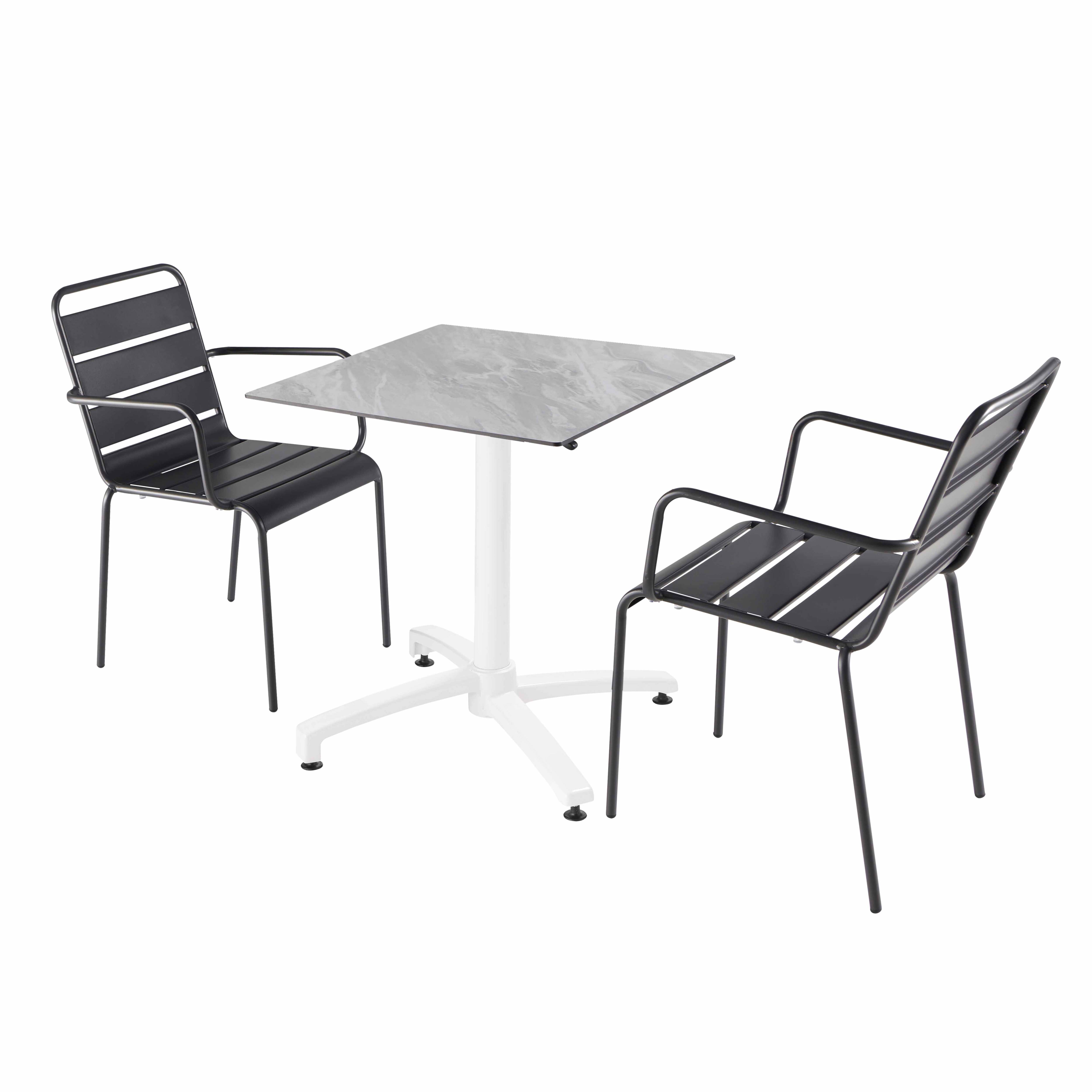 Ensemble table de terrasse stratifié marbre et 2 fauteuils gris