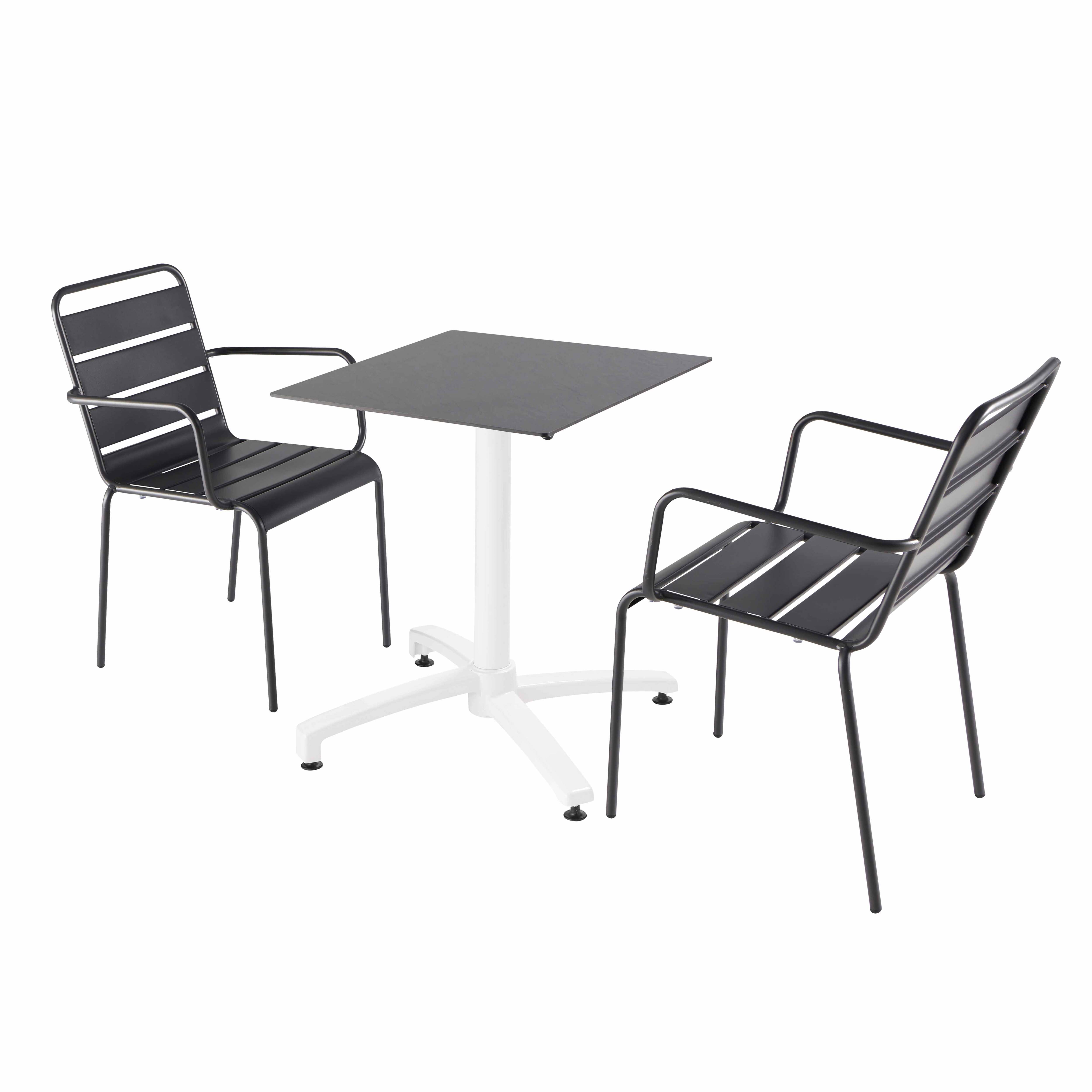 Ensemble table de terrasse stratifié ardoise et 2 fauteuils gris