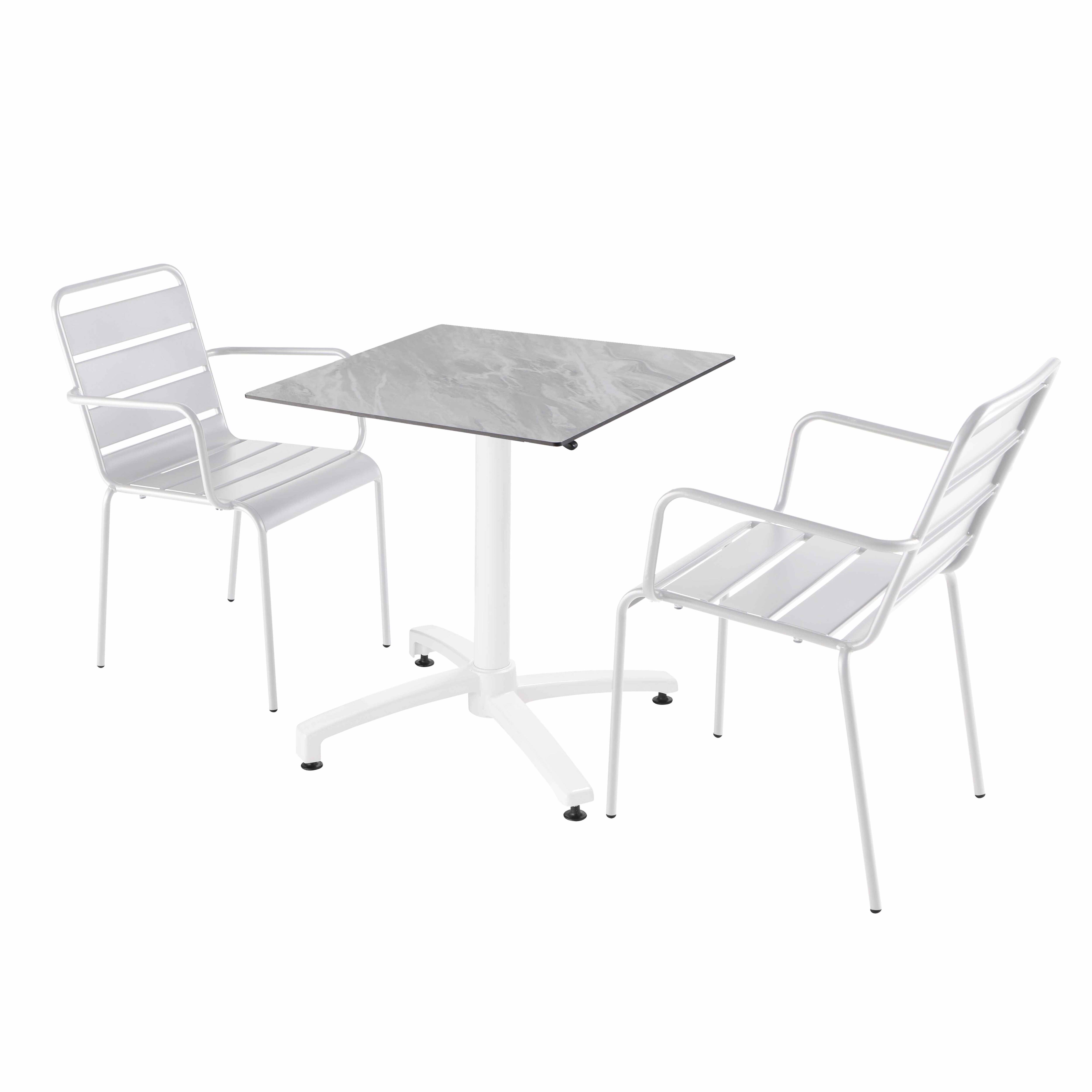 Ensemble table de terrasse stratifié marbre avec 2 fauteuils blanc