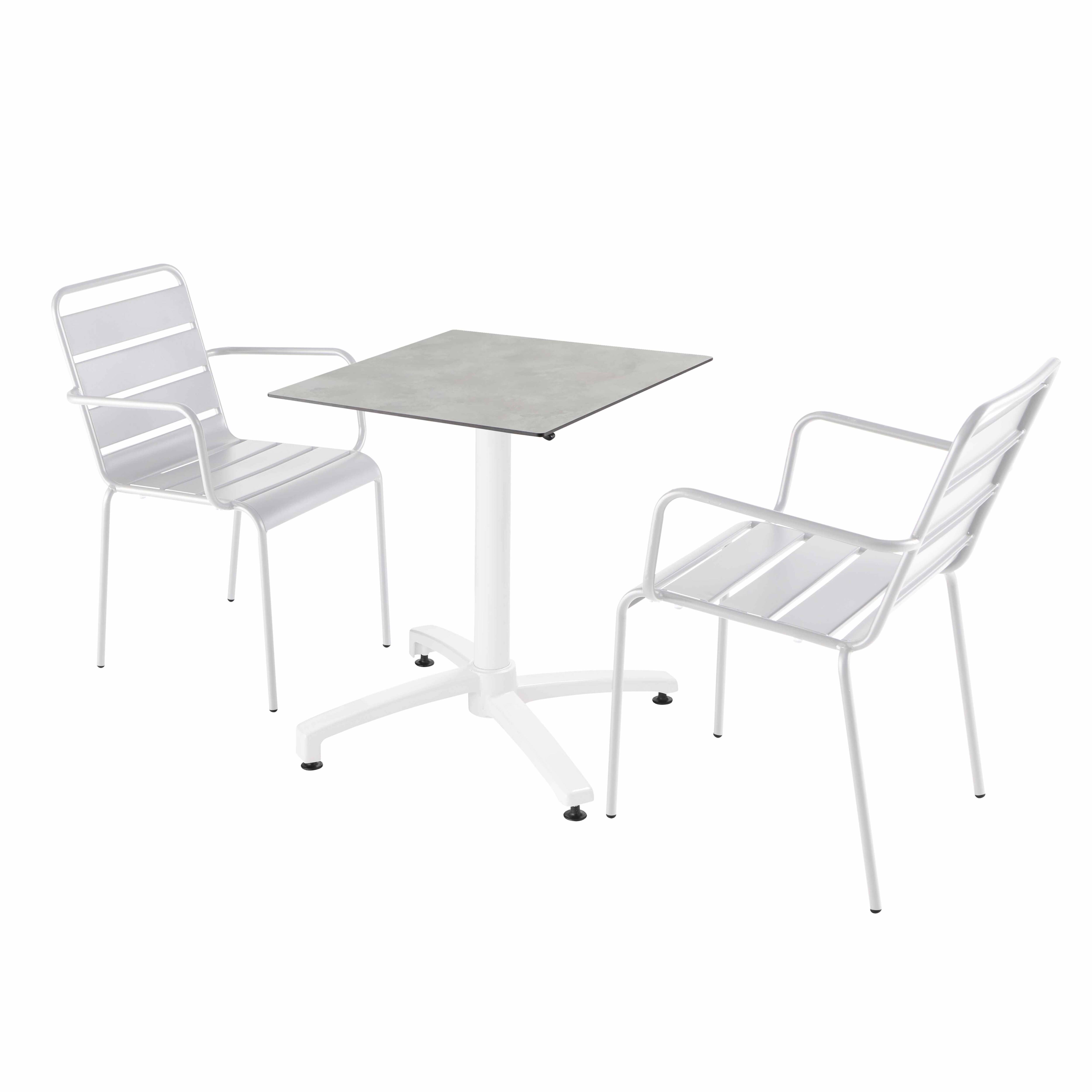 Ensemble table de terrasse stratifié béton et 2 fauteuils blanc