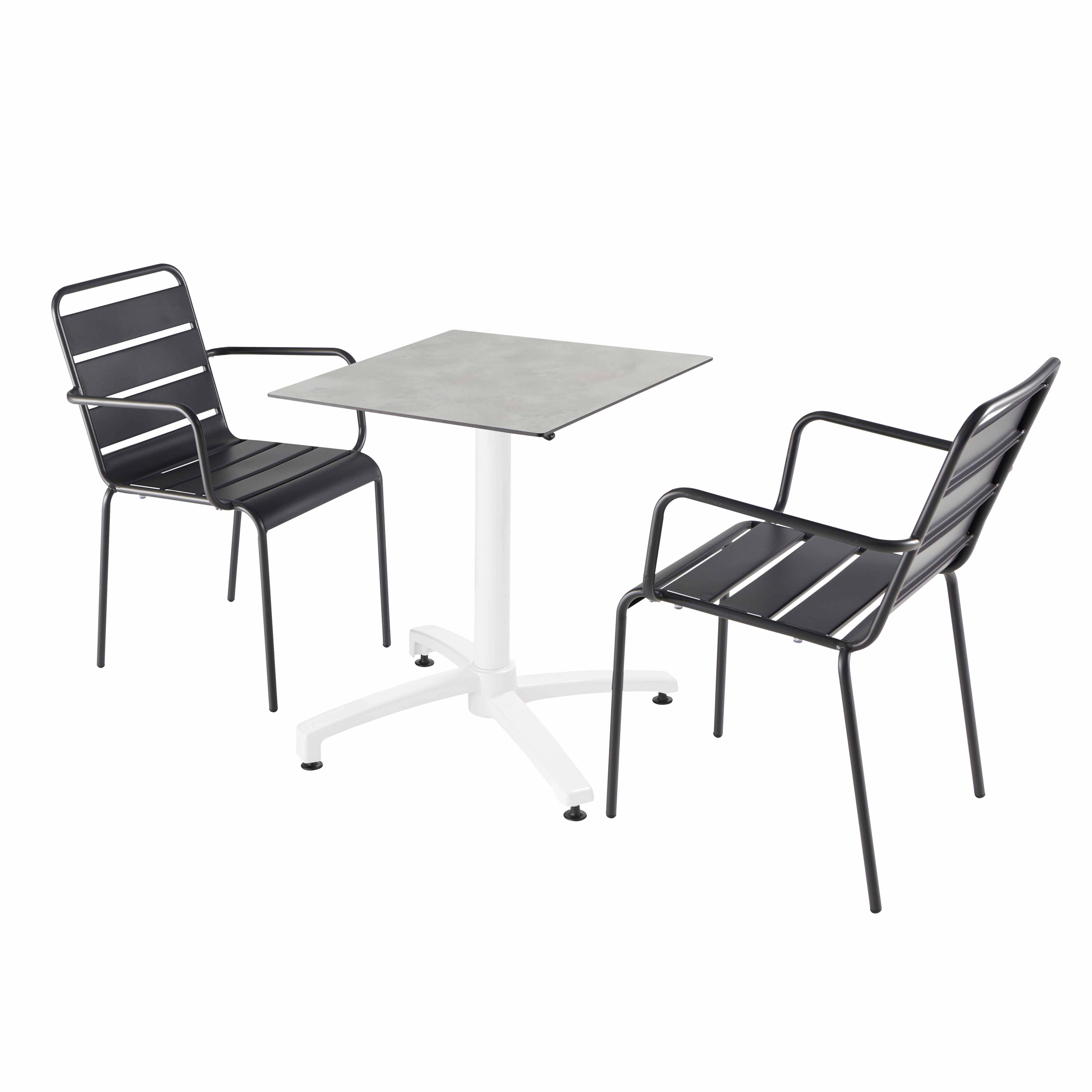 Ensemble table de terrasse stratifié béton et 2 fauteuils gris