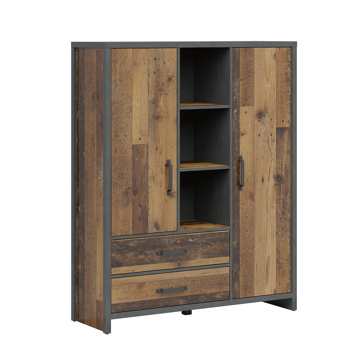 Bibliothèque 2 portes 2 tiroirs stratifiés beige et gris