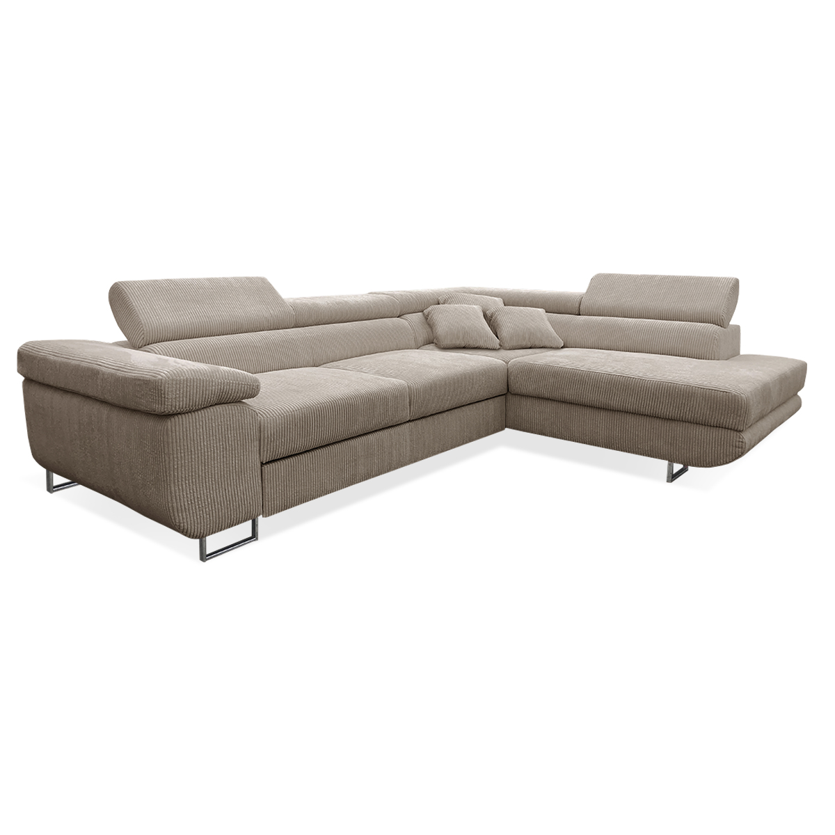 Canapé d’angle convertible droit 4 places coffre bois de pin taupe