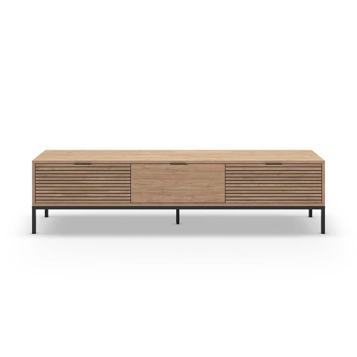 Meuble TV 3 tiroirs décor chêne et rainures noires – L180 cm