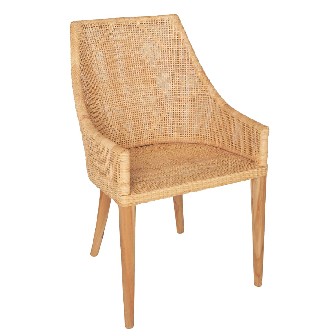 Fauteuil de table en cannage de rotin et teck beige