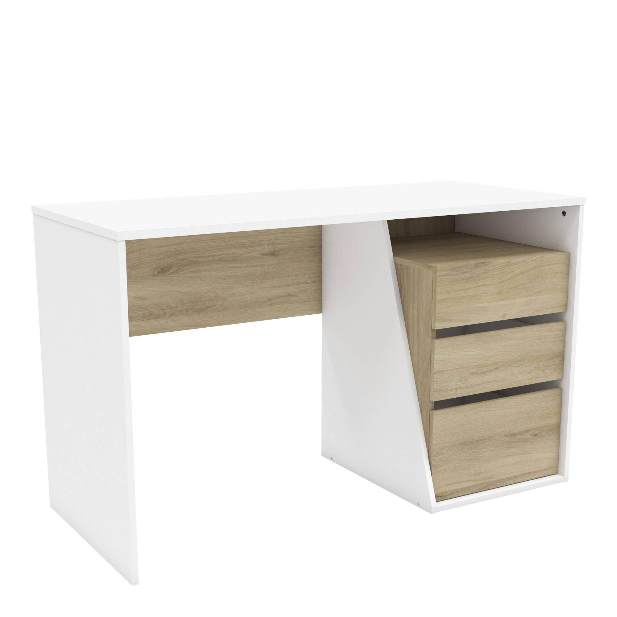bureau 3 tiroirs blanc et effet bois