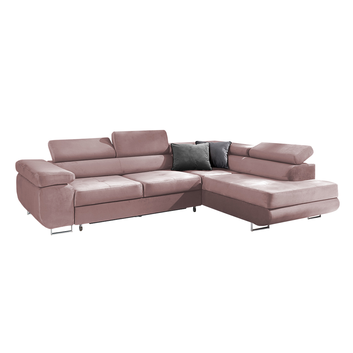Canapé d’angle convertible droit 4 places tissu velours rose