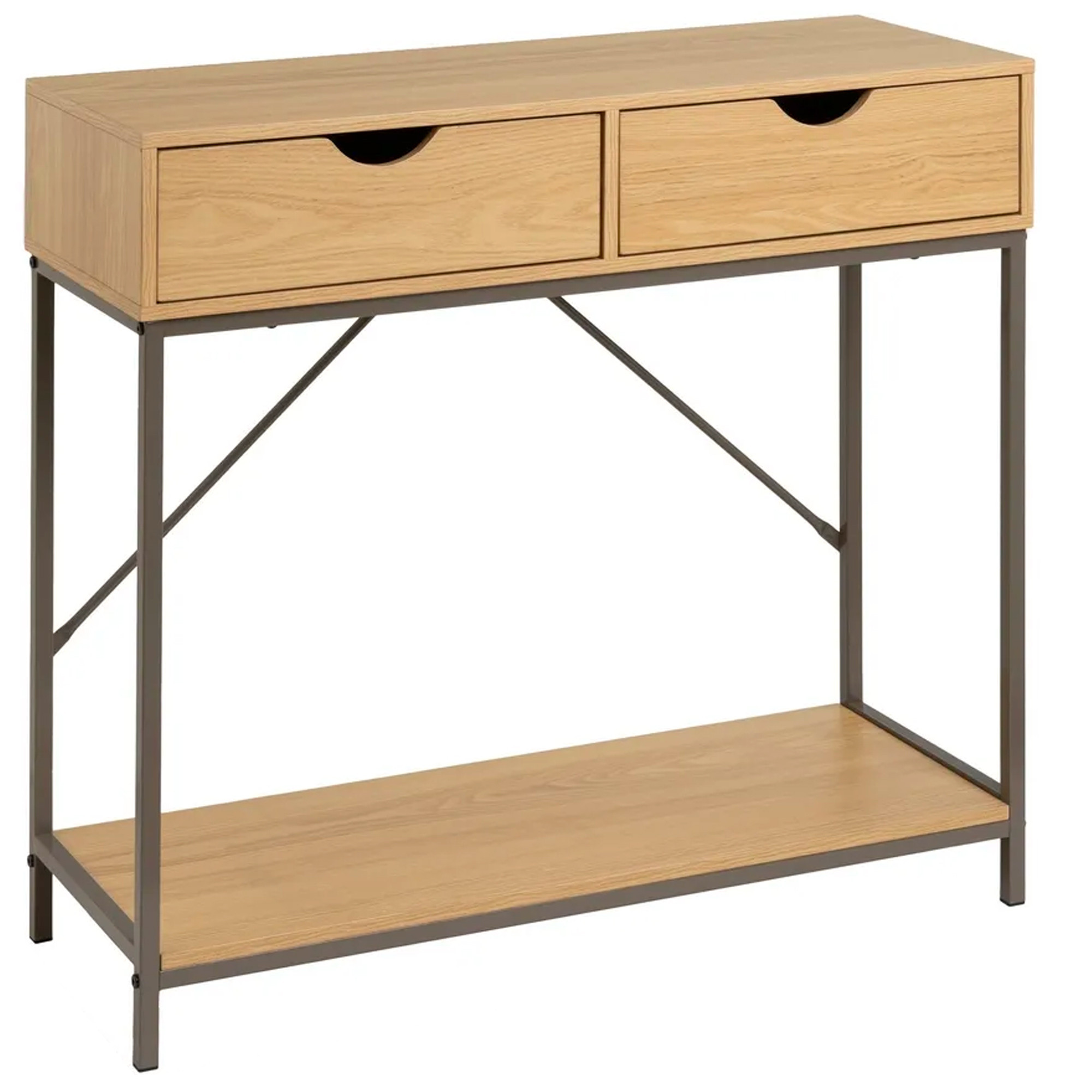 Console d&rsquo;entrée couleur bois naturel et métal gris 2 Tiroirs 80x30x75
