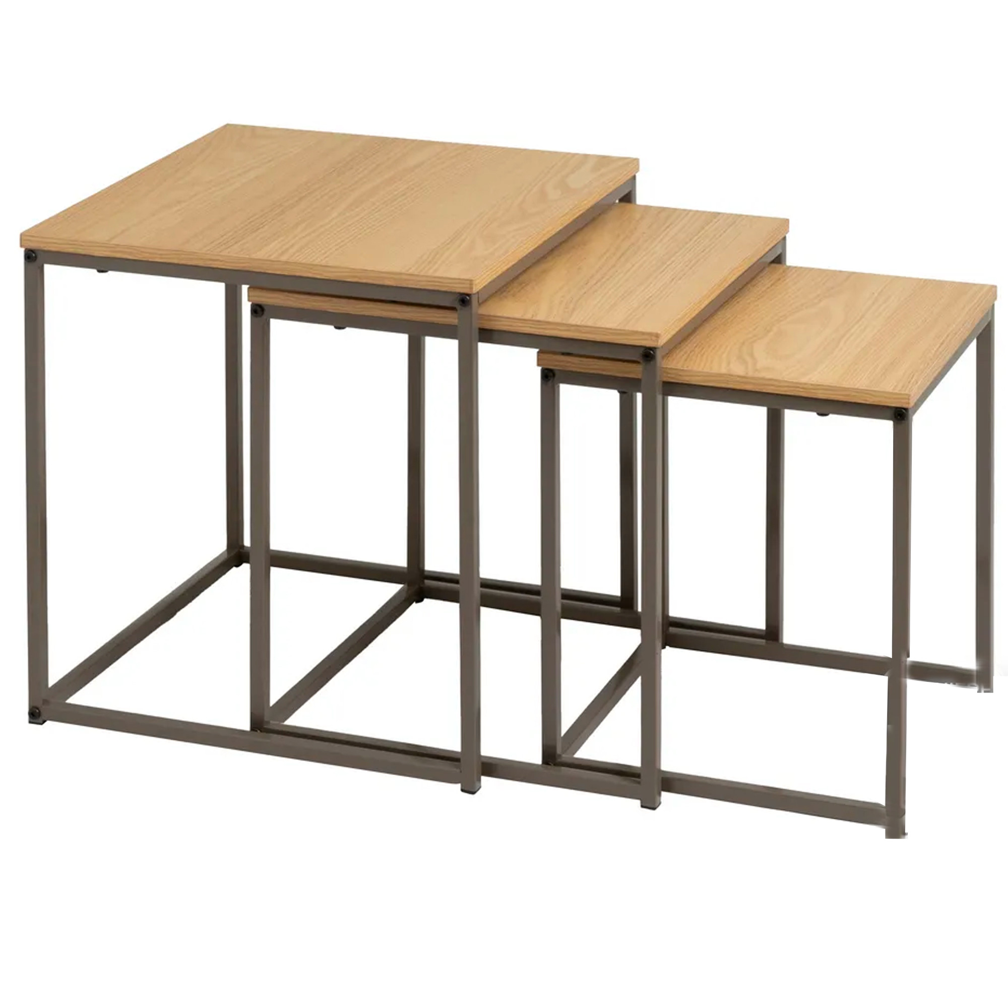 set de 3 tables basses gigognes couleur bois naturel et métal gris 40x