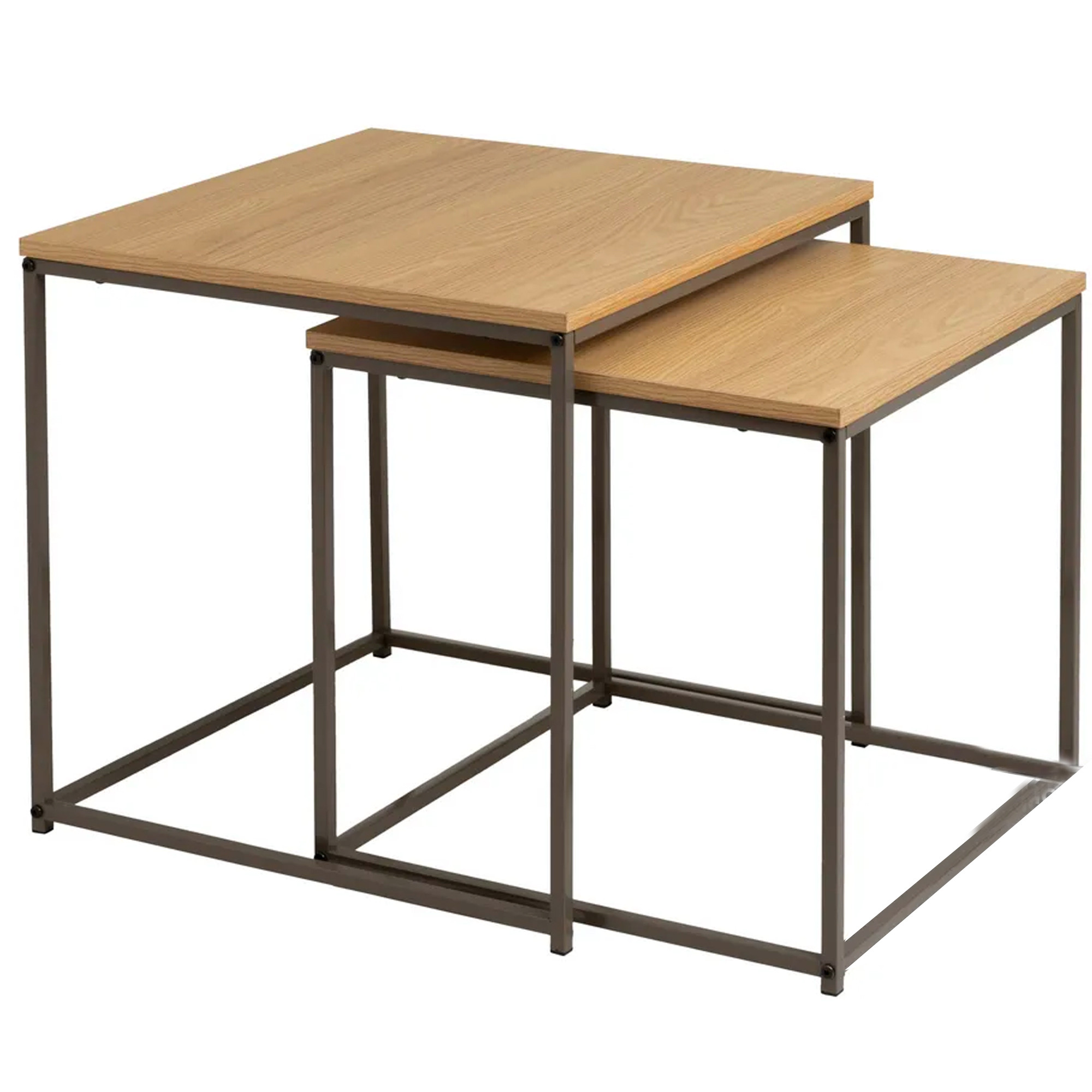 set de 2 tables basses gigognes couleur bois naturel et métal gris 50x