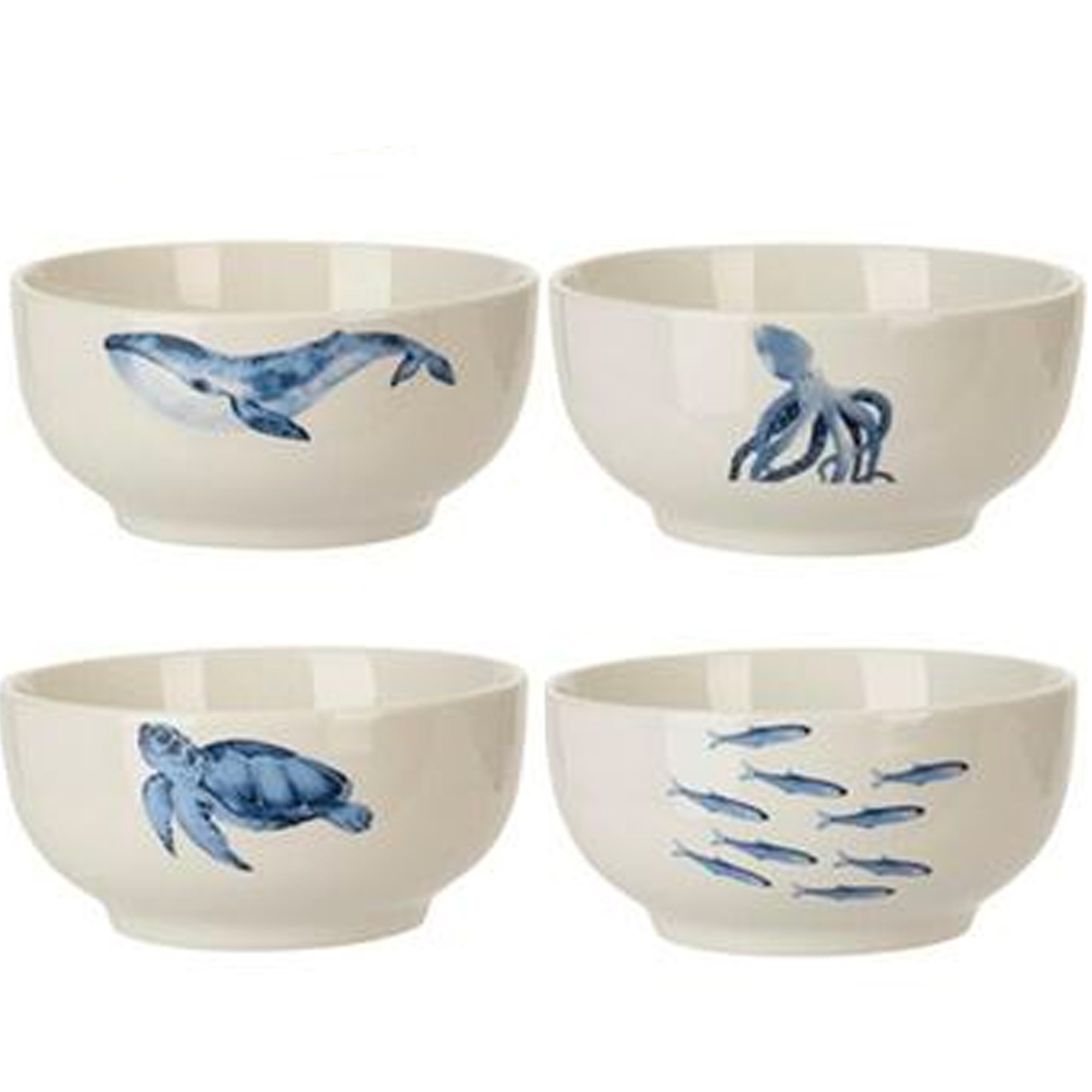 set de 4 bols en porcelaine animaux sous marins blanc et bleu