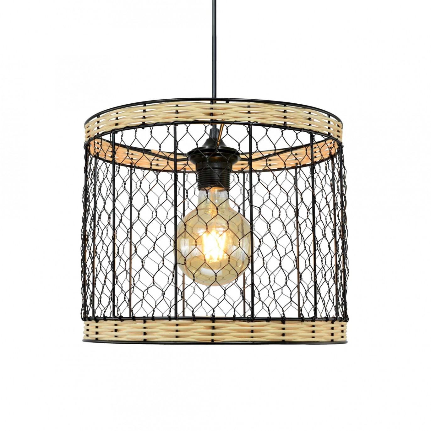 Suspension en rotin tressé naturel et métal noir