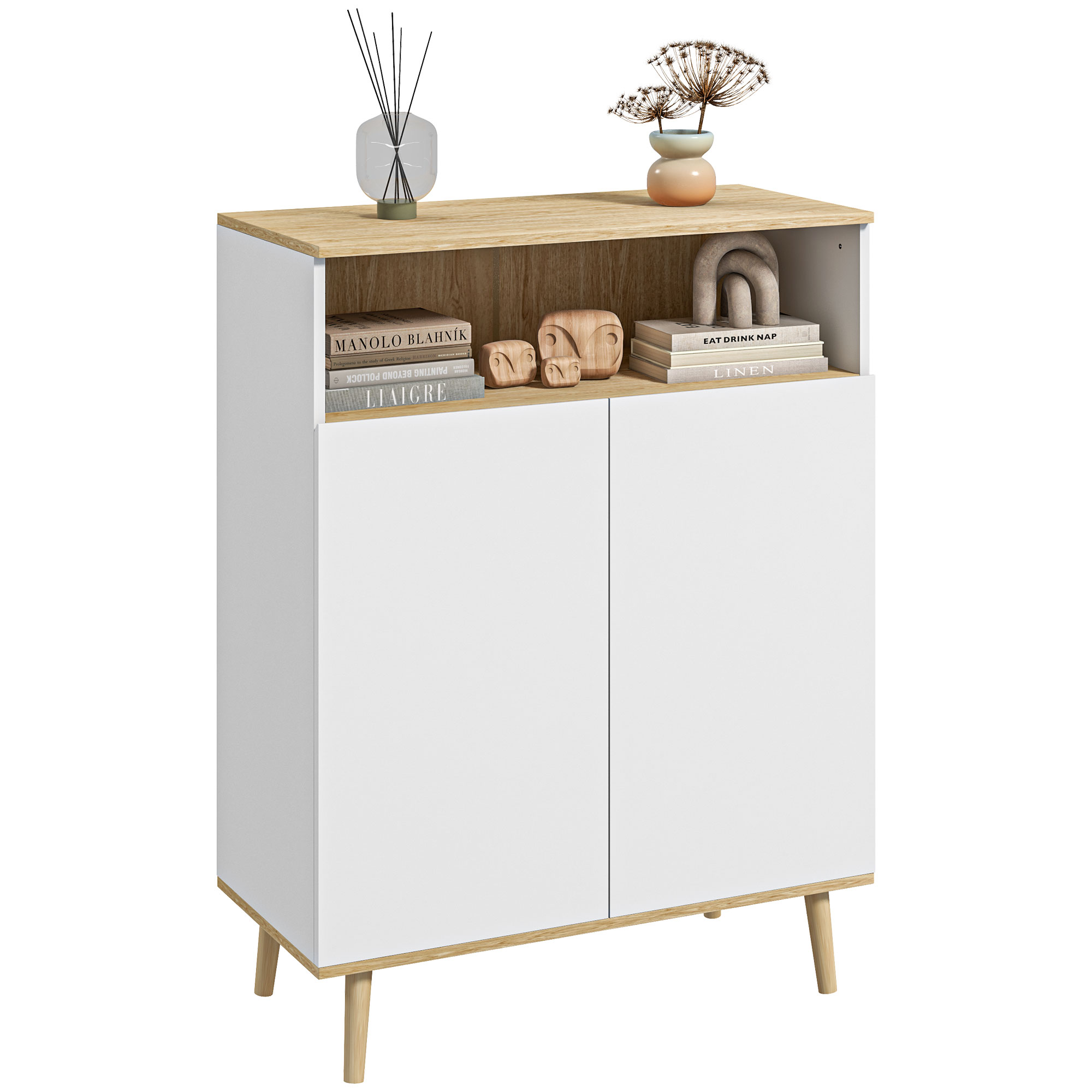 Buffet style scandinave 2 portes étagère niche blanc aspect bois clair
